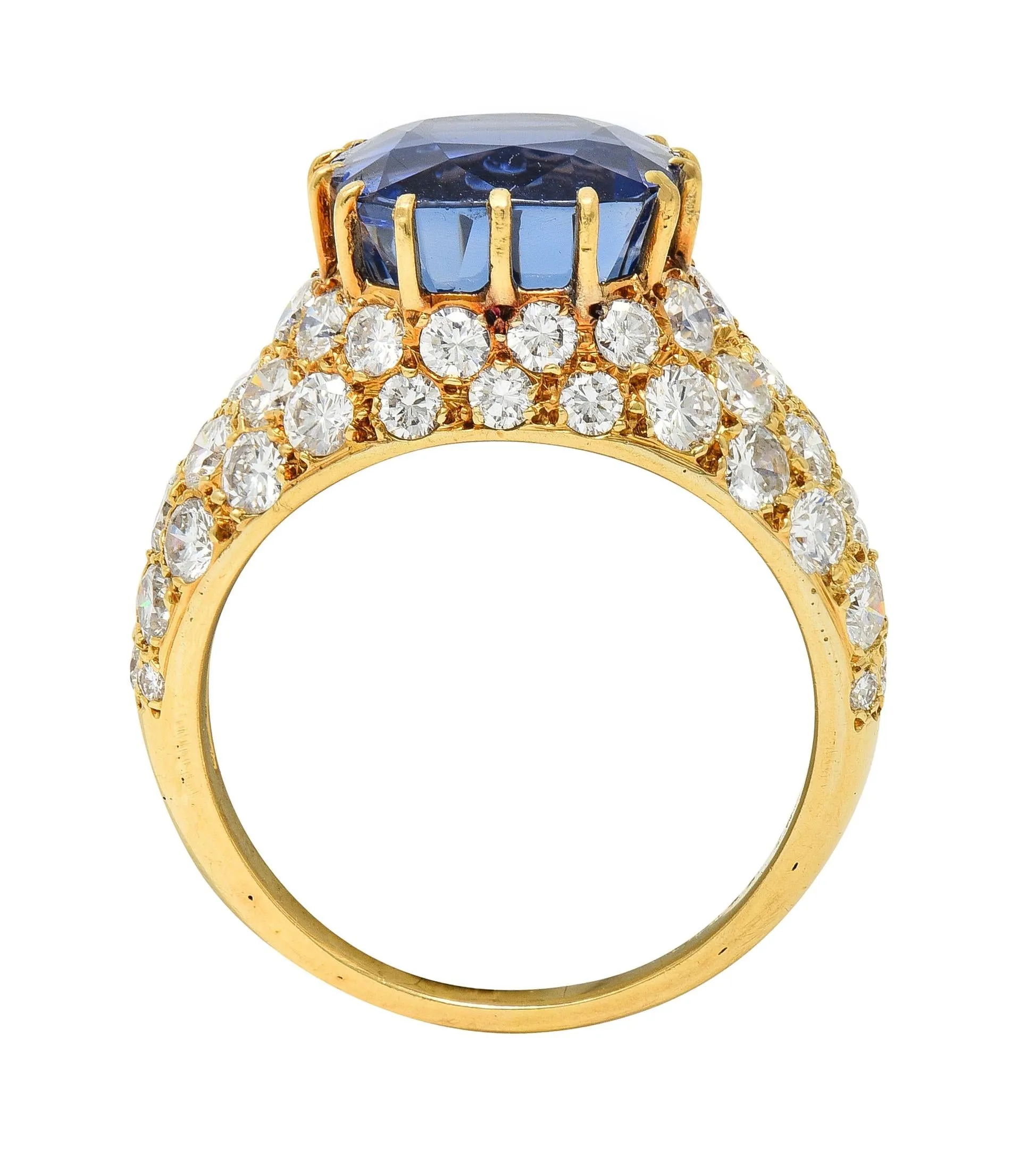 Van Cleef & Arpels French 1980s 12.05 CTW No Heat Ceylon Sapphire Diamond 18 Karat Yellow Gold Ring AGL