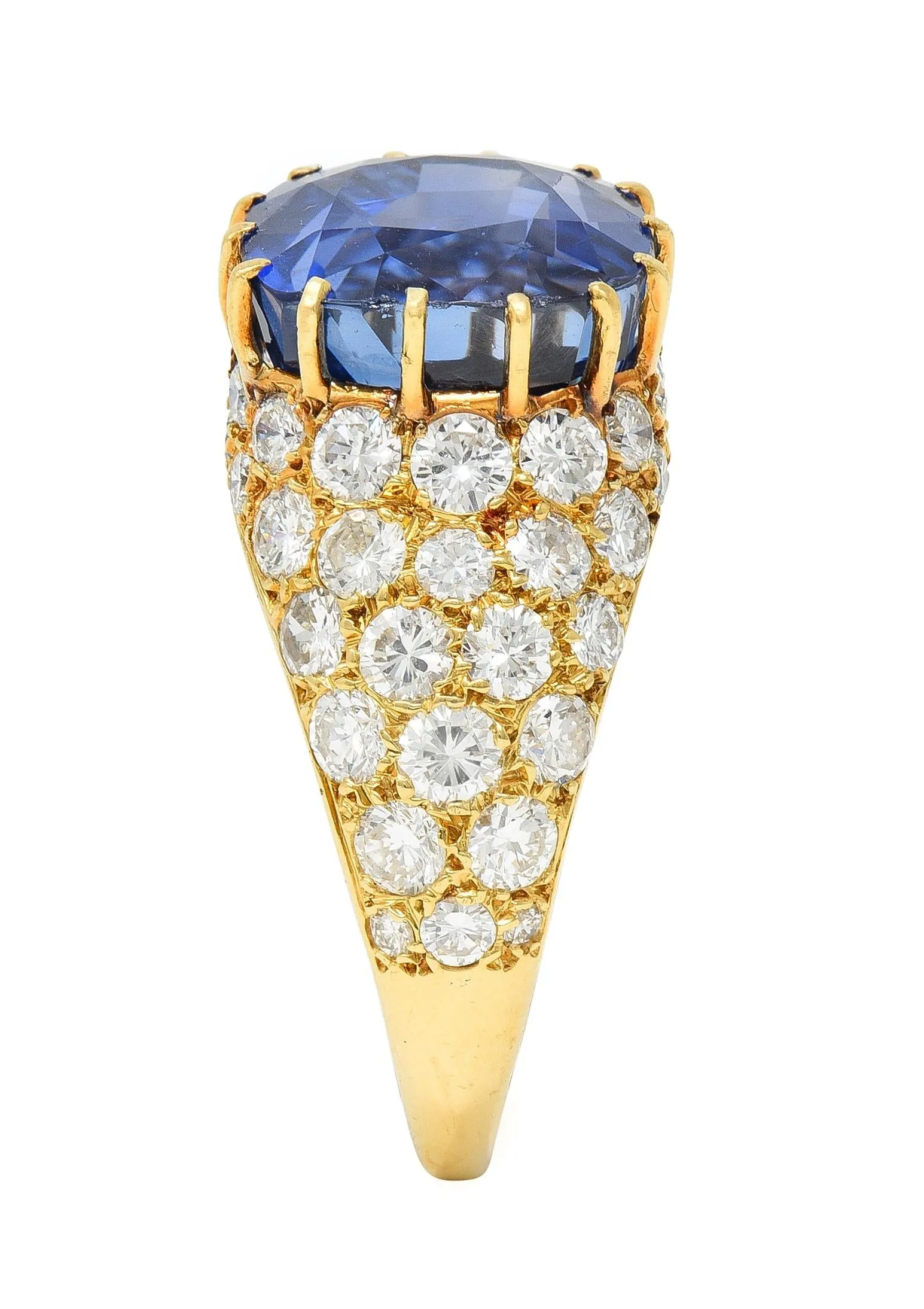 Van Cleef & Arpels French 1980s 12.05 CTW No Heat Ceylon Sapphire Diamond 18 Karat Yellow Gold Ring AGL