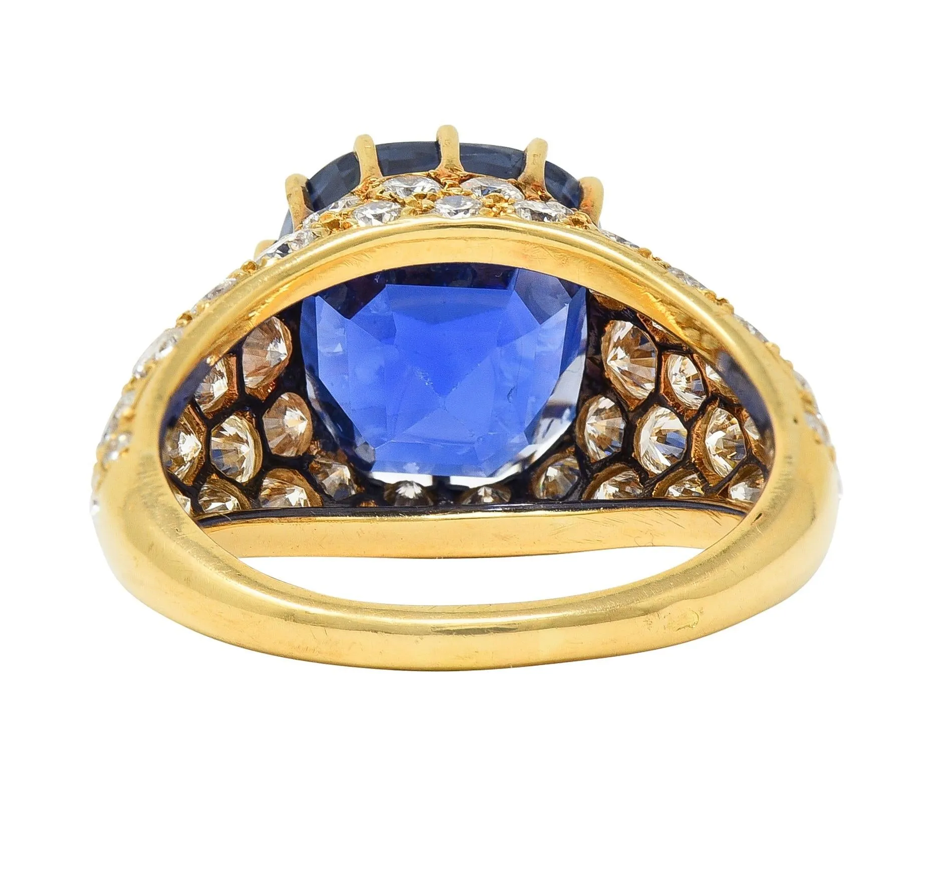 Van Cleef & Arpels French 1980s 12.05 CTW No Heat Ceylon Sapphire Diamond 18 Karat Yellow Gold Ring AGL