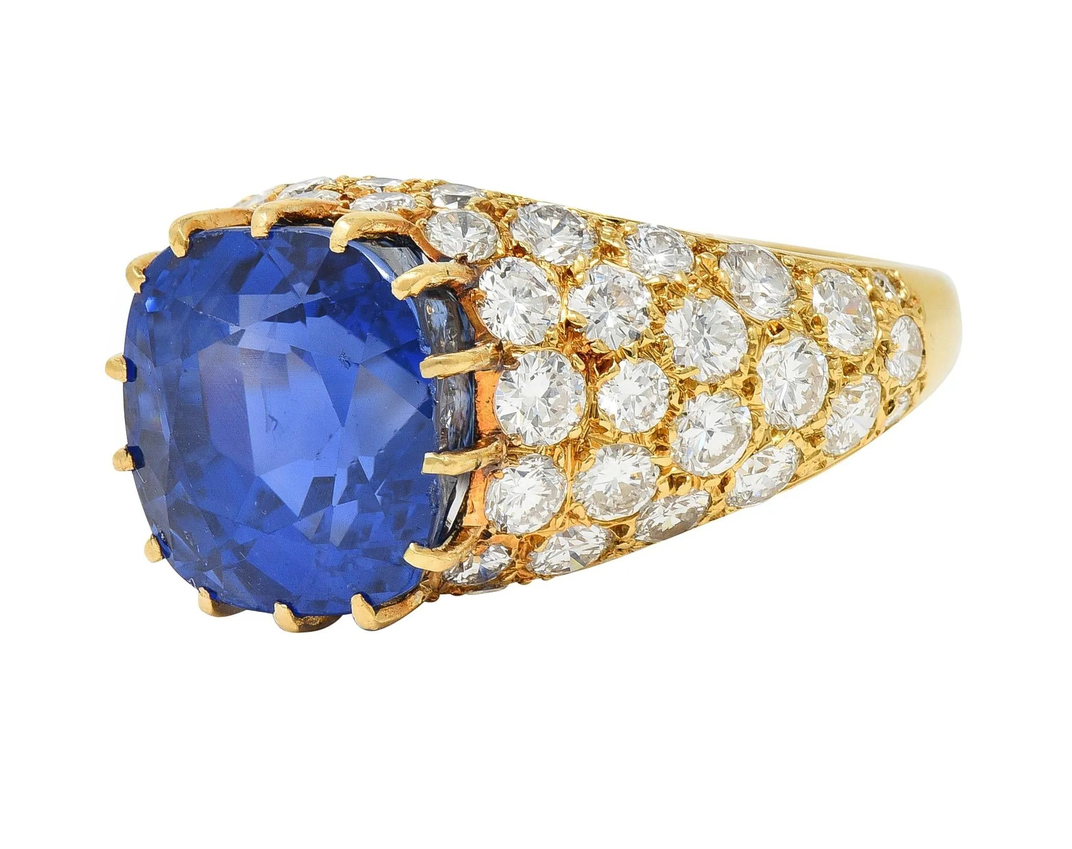 Van Cleef & Arpels French 1980s 12.05 CTW No Heat Ceylon Sapphire Diamond 18 Karat Yellow Gold Ring AGL