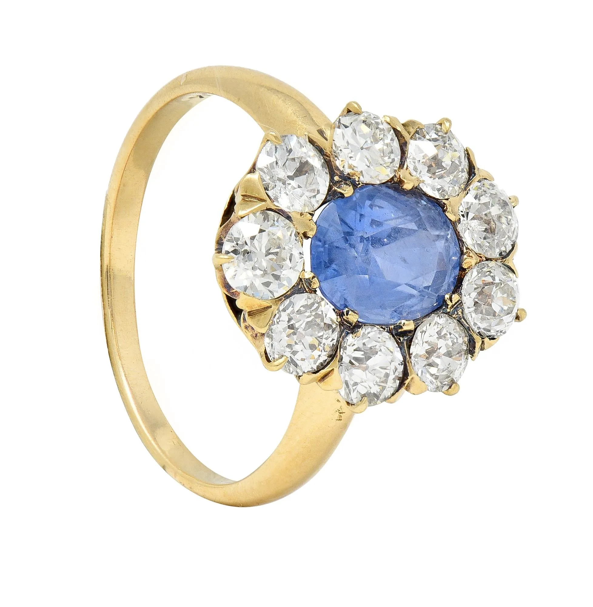 Victorian 1.53 CTW No Heat Ceylon Sapphire Diamond 14 Karat Gold Antique Halo Ring GIA