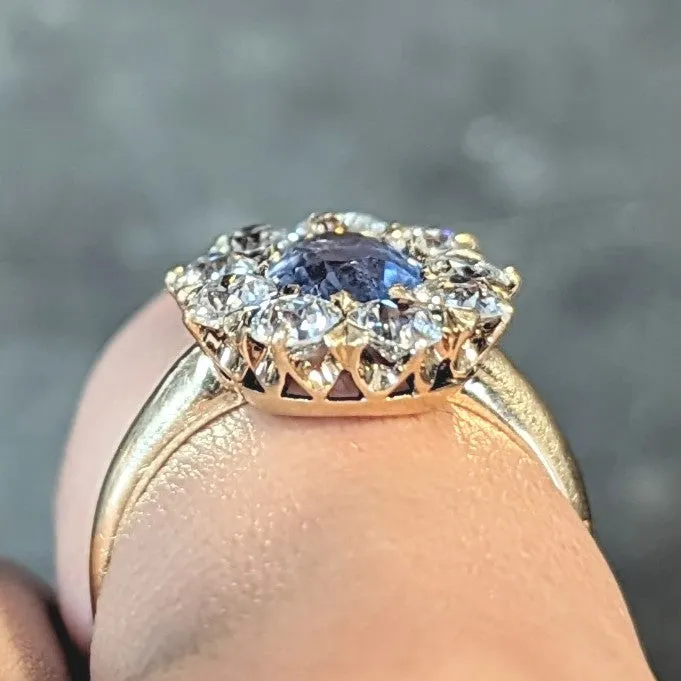 Victorian 1.53 CTW No Heat Ceylon Sapphire Diamond 14 Karat Gold Antique Halo Ring GIA