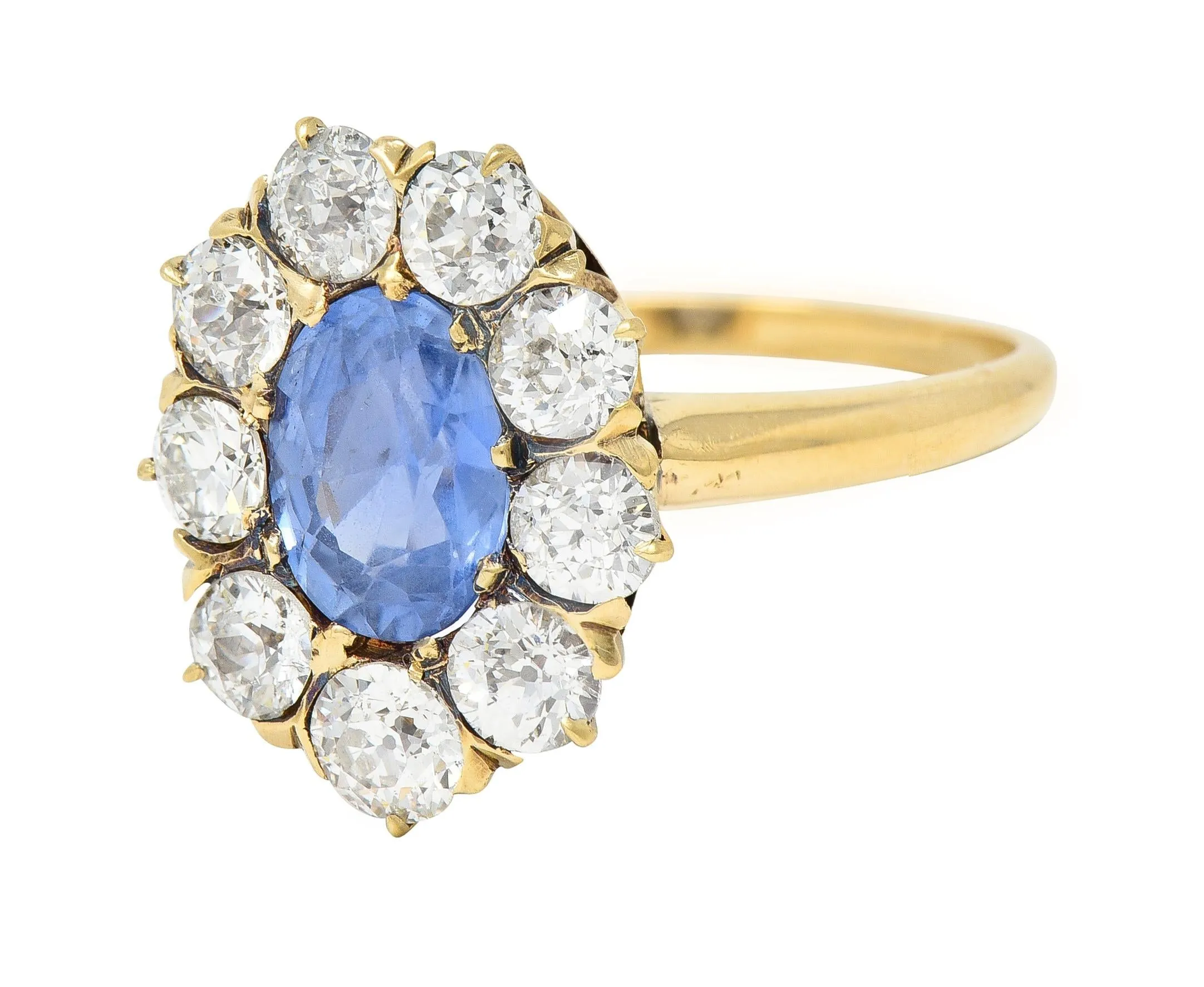 Victorian 1.53 CTW No Heat Ceylon Sapphire Diamond 14 Karat Gold Antique Halo Ring GIA