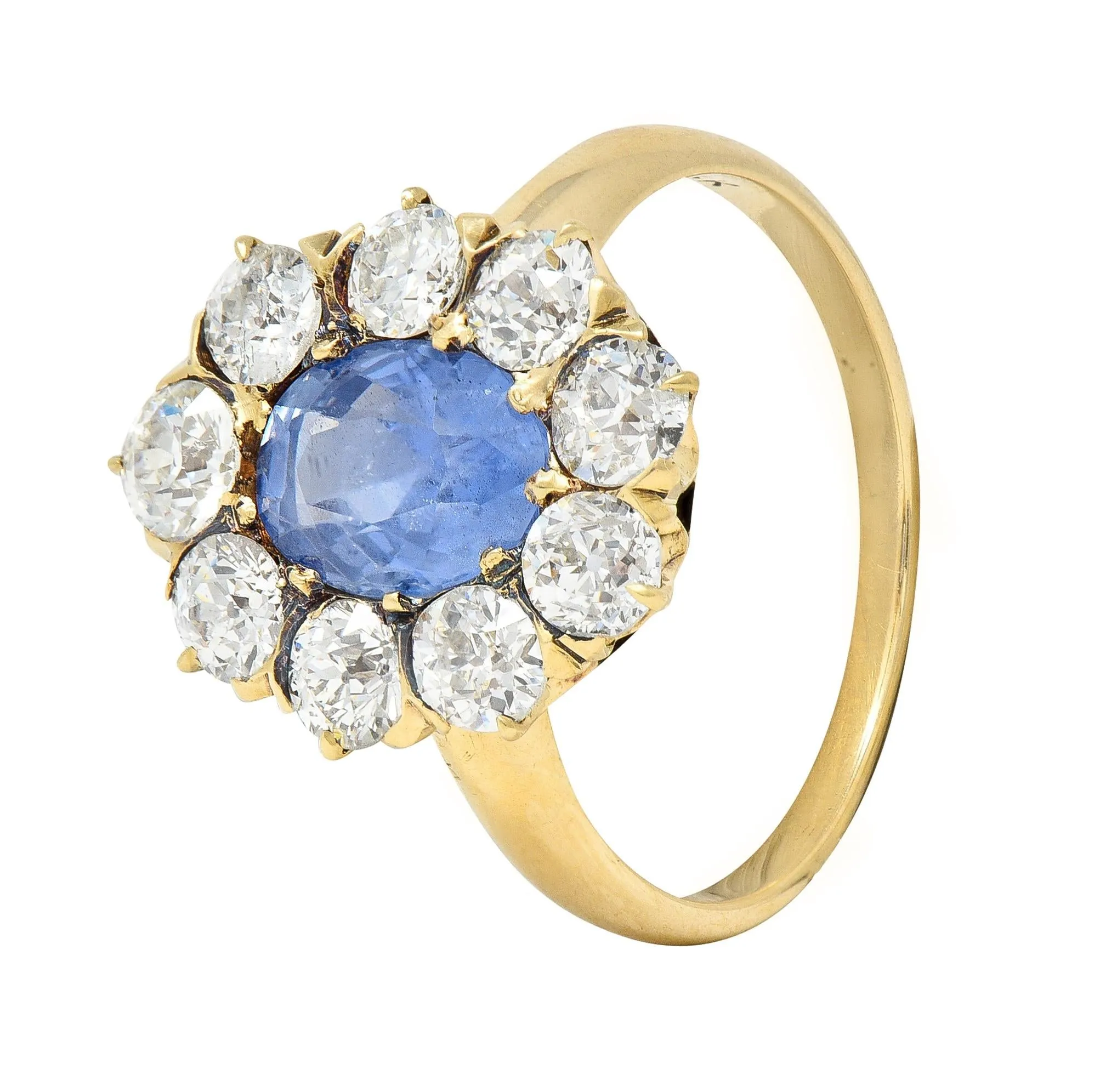 Victorian 1.53 CTW No Heat Ceylon Sapphire Diamond 14 Karat Gold Antique Halo Ring GIA