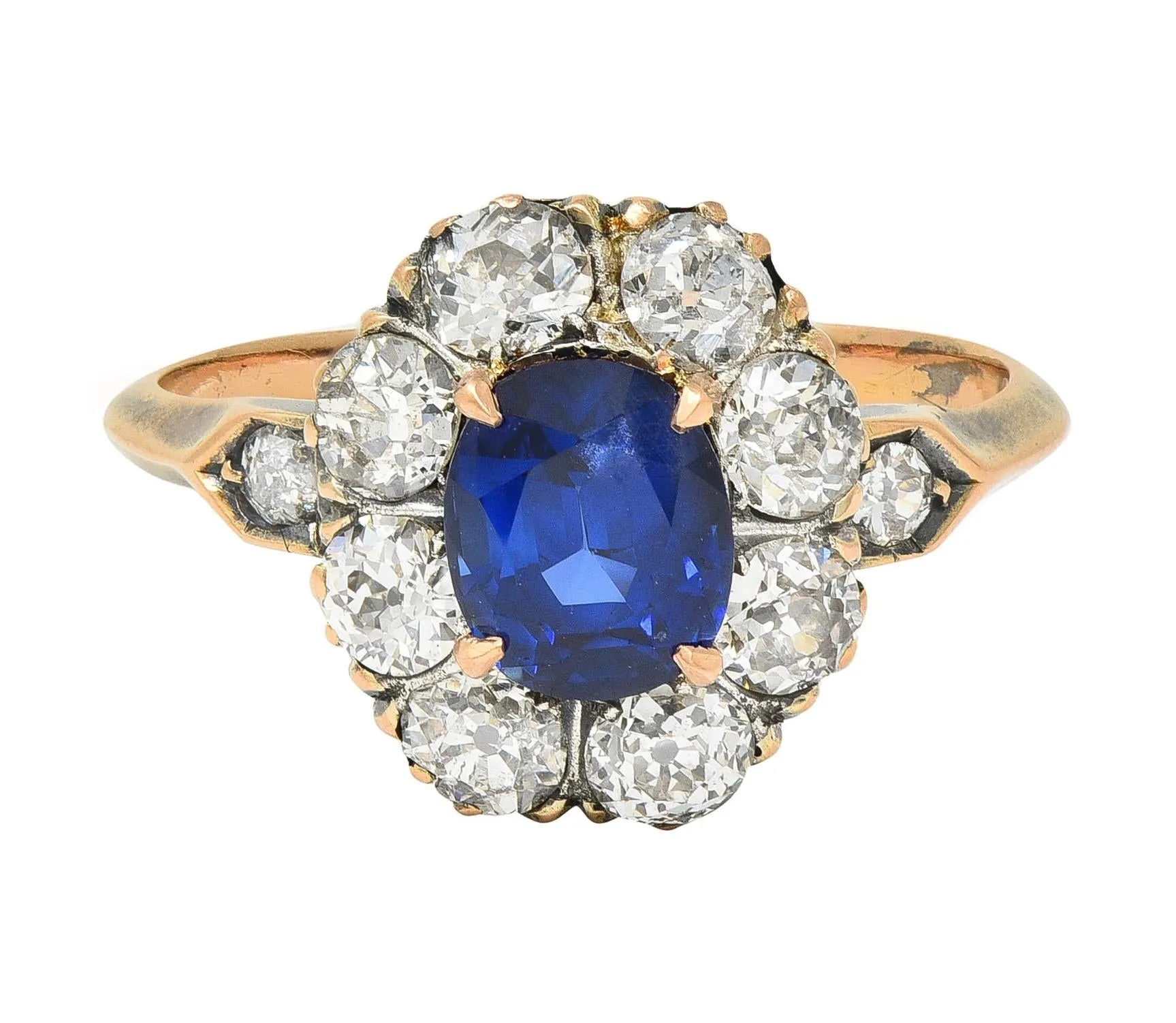 Victorian 2.18 CTW No Heat Burma Sapphire Diamond 18 Karat Rose Gold Antique Halo Ring AGL