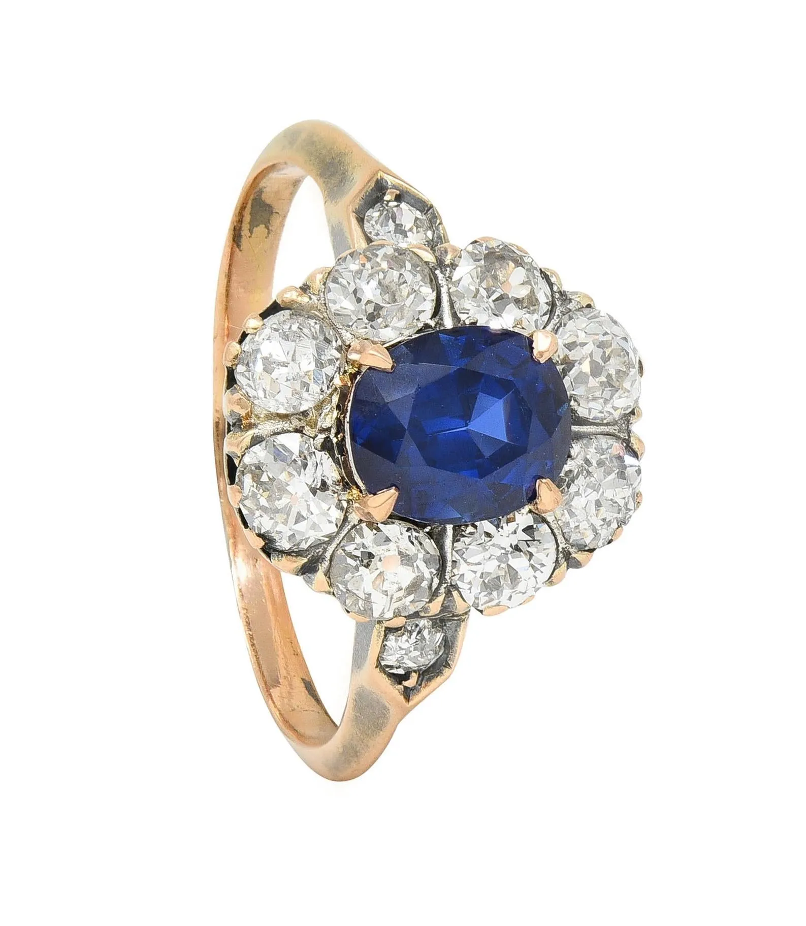 Victorian 2.18 CTW No Heat Burma Sapphire Diamond 18 Karat Rose Gold Antique Halo Ring AGL