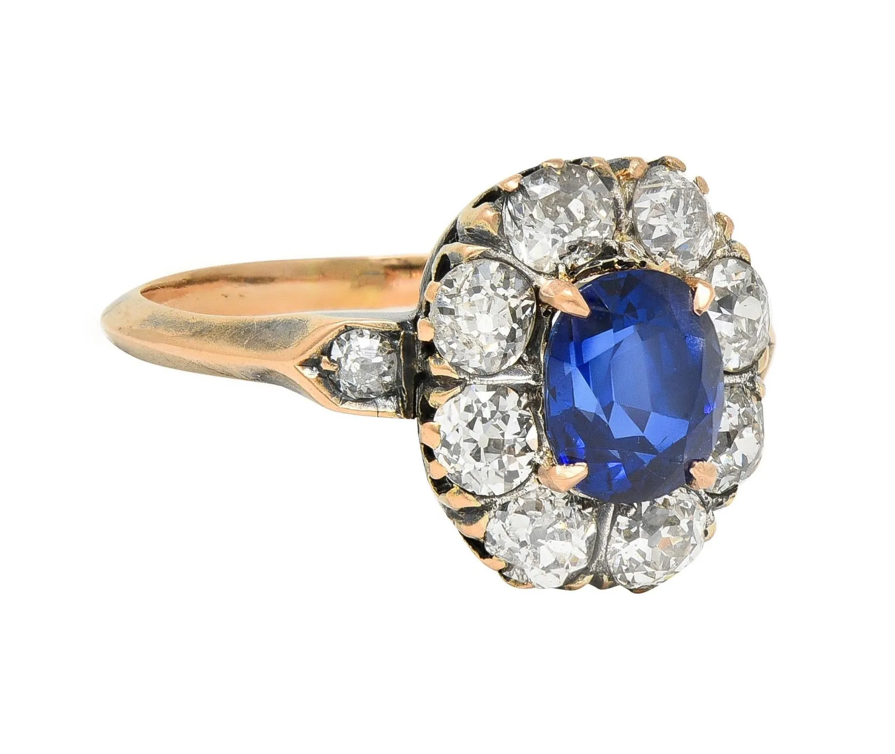 Victorian 2.18 CTW No Heat Burma Sapphire Diamond 18 Karat Rose Gold Antique Halo Ring AGL