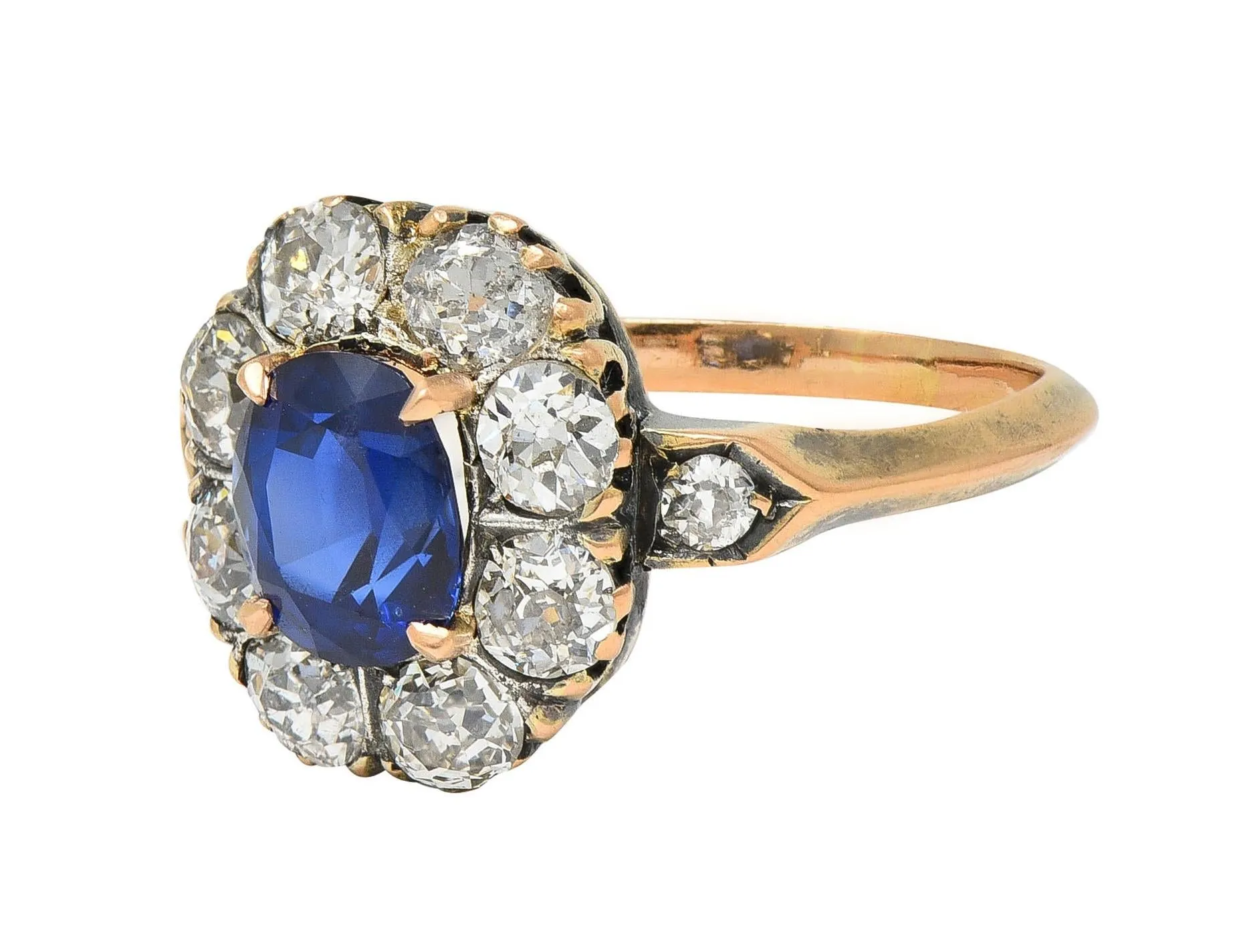 Victorian 2.18 CTW No Heat Burma Sapphire Diamond 18 Karat Rose Gold Antique Halo Ring AGL