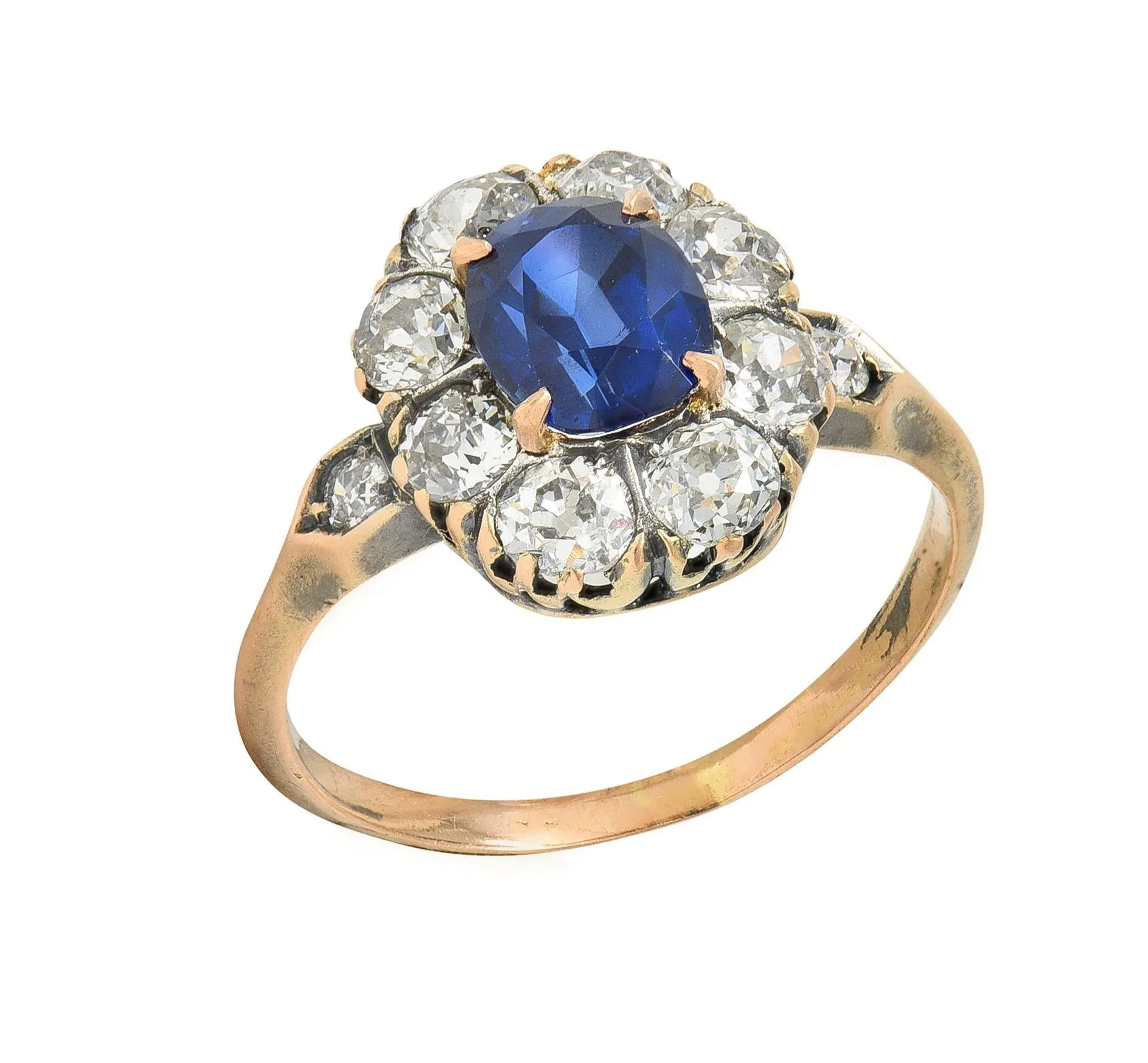 Victorian 2.18 CTW No Heat Burma Sapphire Diamond 18 Karat Rose Gold Antique Halo Ring AGL