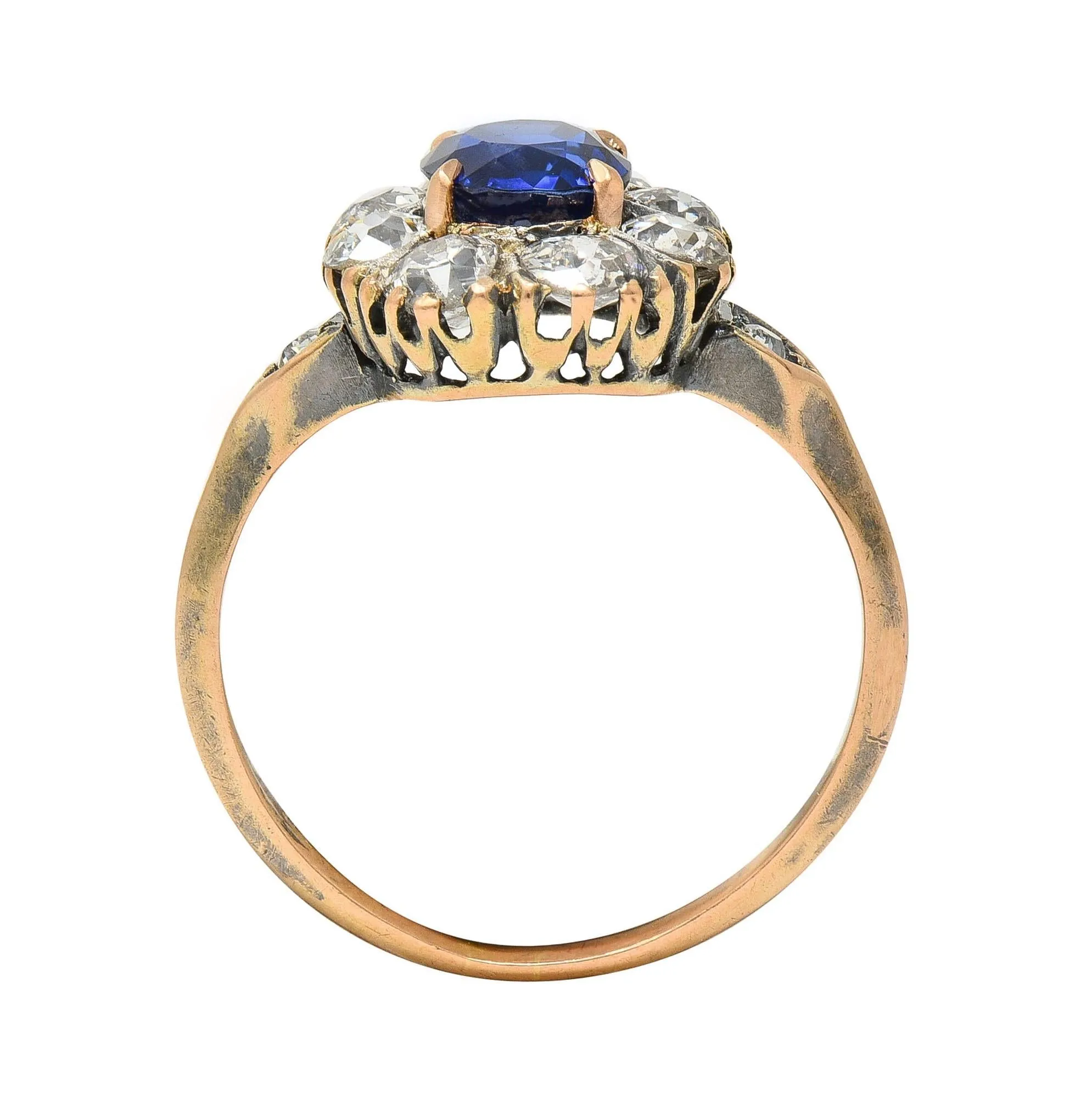 Victorian 2.18 CTW No Heat Burma Sapphire Diamond 18 Karat Rose Gold Antique Halo Ring AGL