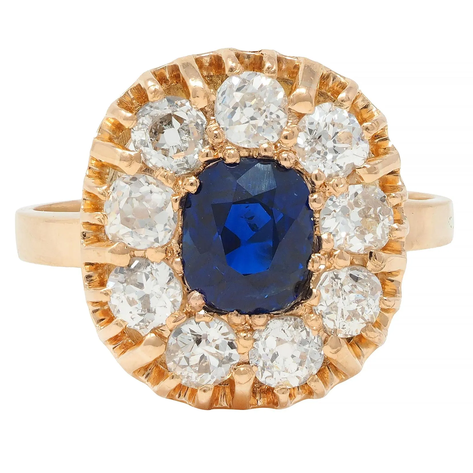 Victorian 2.86 CTW No Heat Sapphire Diamond 18 Karat Gold Antique Halo Ring GIA