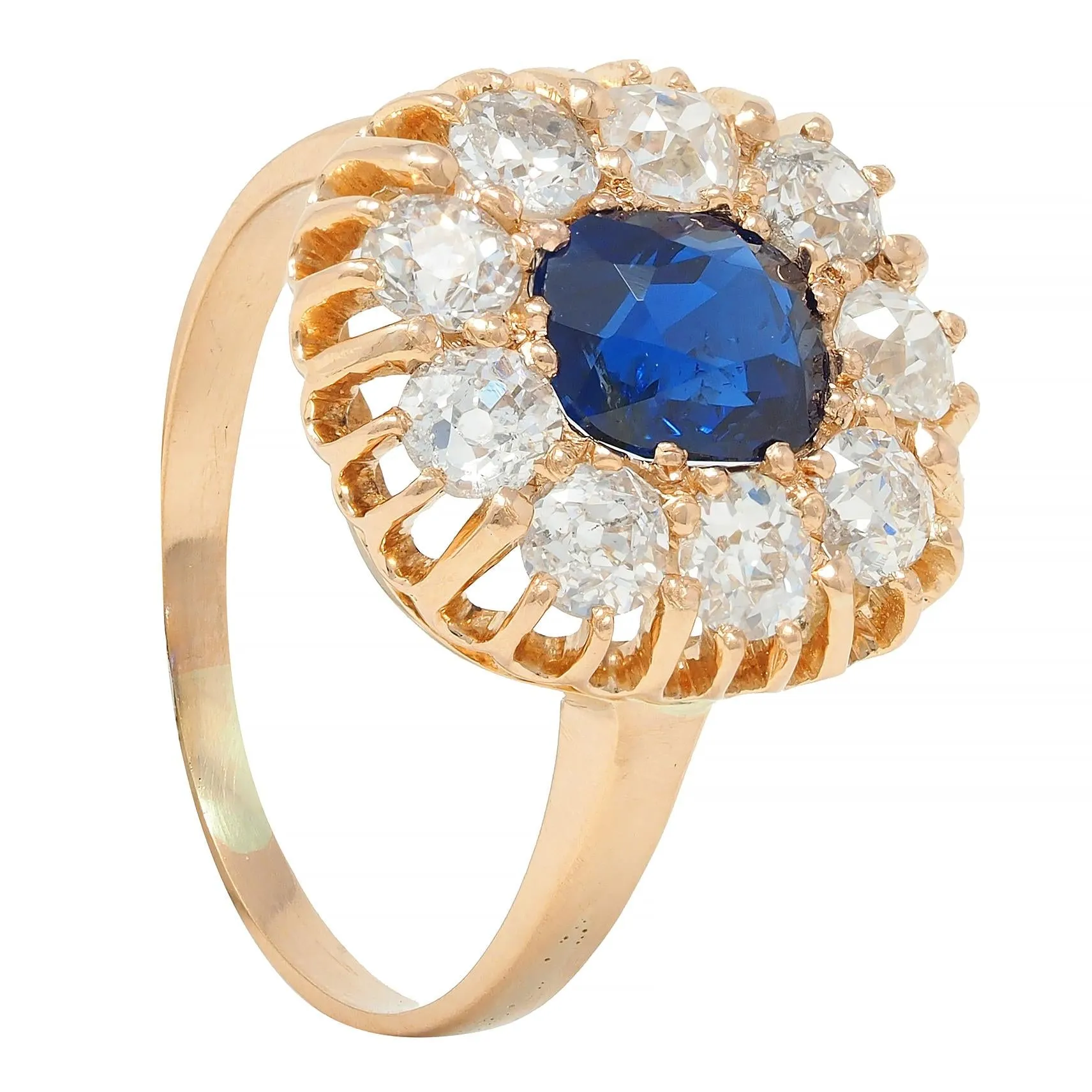 Victorian 2.86 CTW No Heat Sapphire Diamond 18 Karat Gold Antique Halo Ring GIA