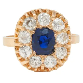 Victorian 2.86 CTW No Heat Sapphire Diamond 18 Karat Gold Antique Halo Ring GIA