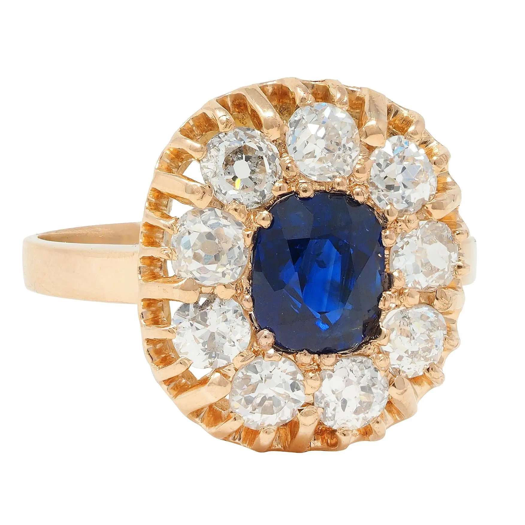 Victorian 2.86 CTW No Heat Sapphire Diamond 18 Karat Gold Antique Halo Ring GIA