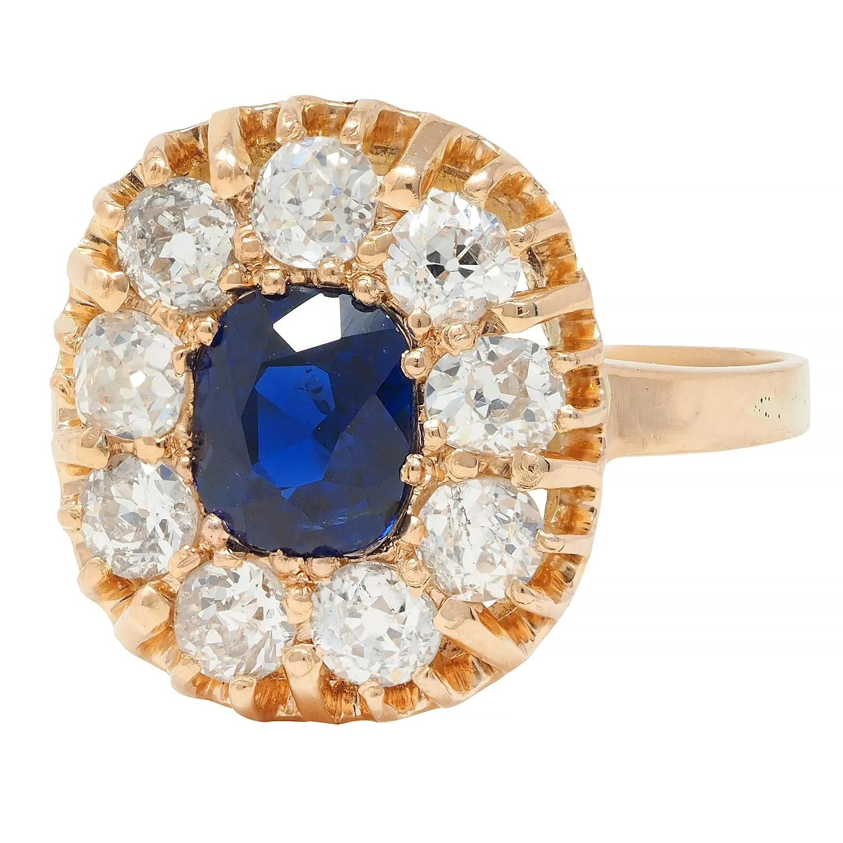 Victorian 2.86 CTW No Heat Sapphire Diamond 18 Karat Gold Antique Halo Ring GIA