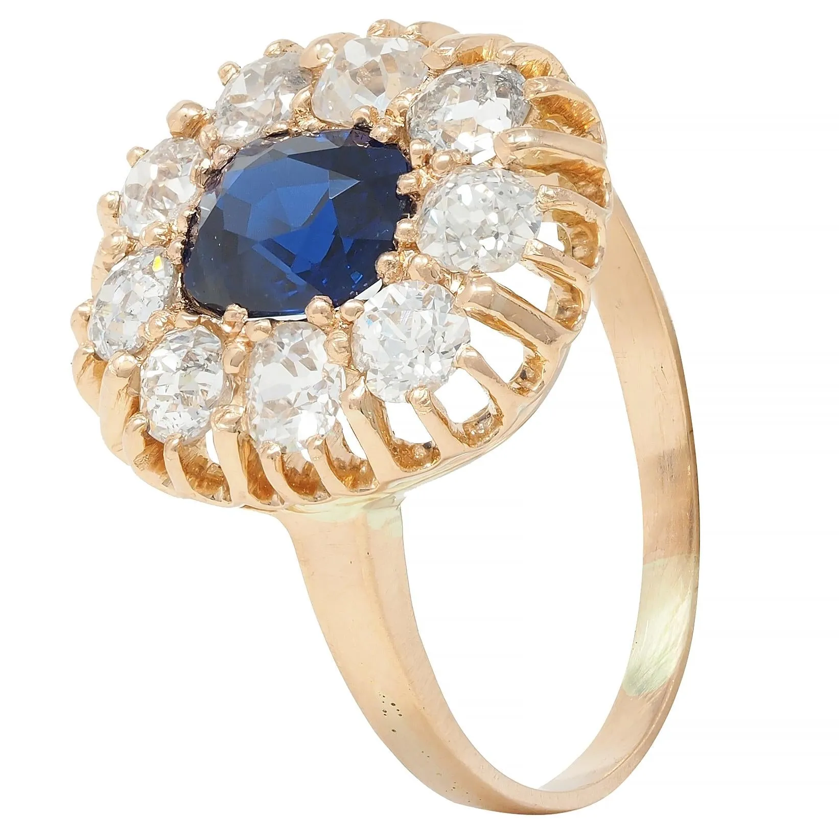 Victorian 2.86 CTW No Heat Sapphire Diamond 18 Karat Gold Antique Halo Ring GIA