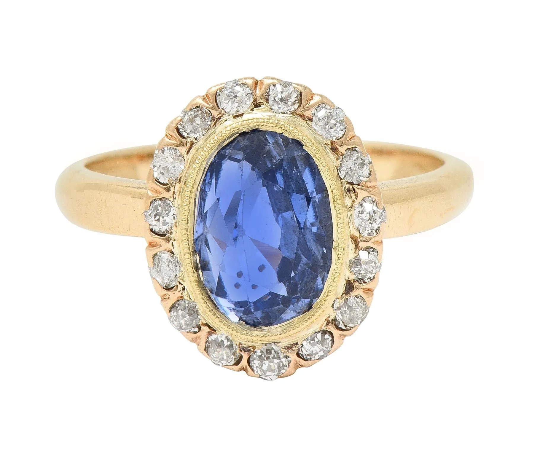 Victorian 2.95 CTW No Heat Ceylon Sapphire Diamond 14 Karat Gold Antique Halo Ring GIA