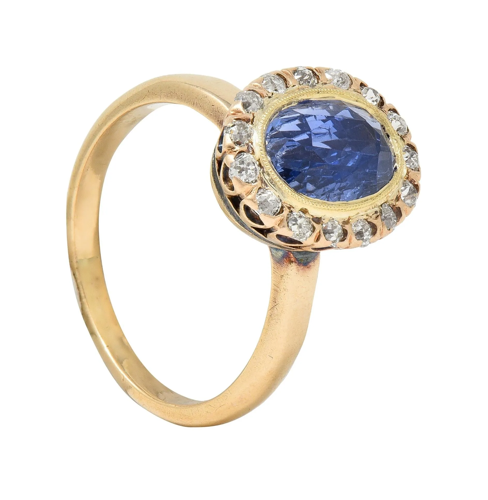 Victorian 2.95 CTW No Heat Ceylon Sapphire Diamond 14 Karat Gold Antique Halo Ring GIA