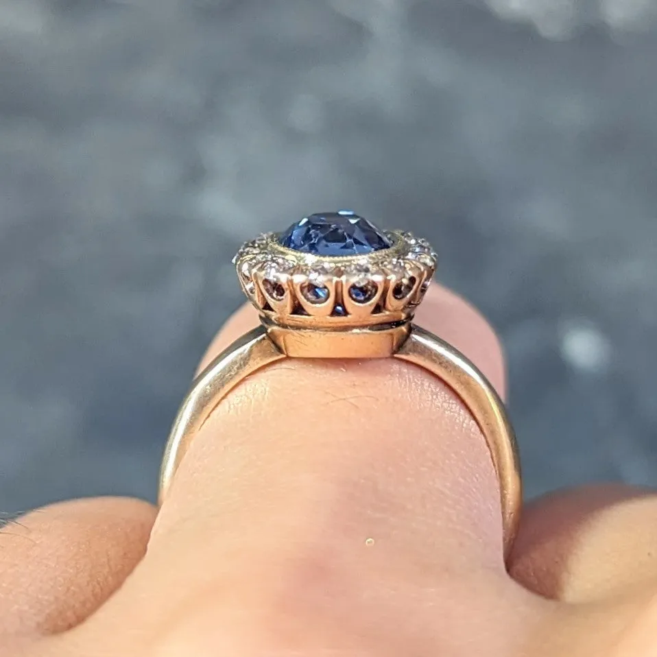 Victorian 2.95 CTW No Heat Ceylon Sapphire Diamond 14 Karat Gold Antique Halo Ring GIA