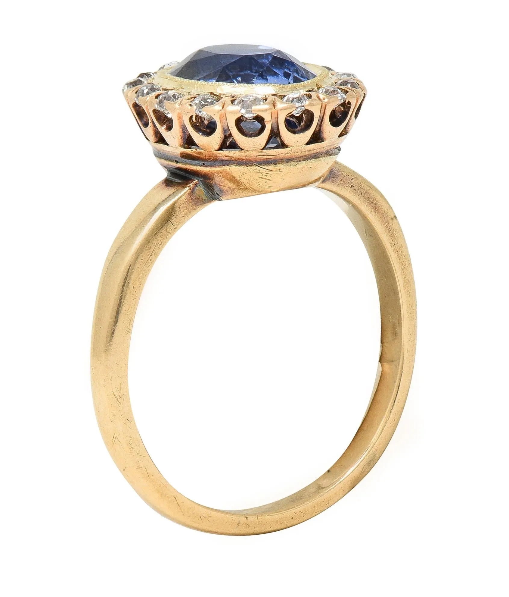 Victorian 2.95 CTW No Heat Ceylon Sapphire Diamond 14 Karat Gold Antique Halo Ring GIA