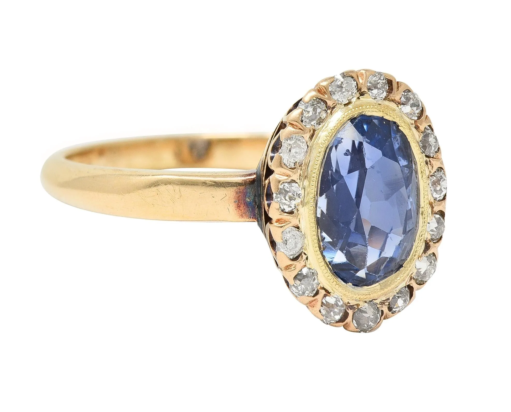 Victorian 2.95 CTW No Heat Ceylon Sapphire Diamond 14 Karat Gold Antique Halo Ring GIA