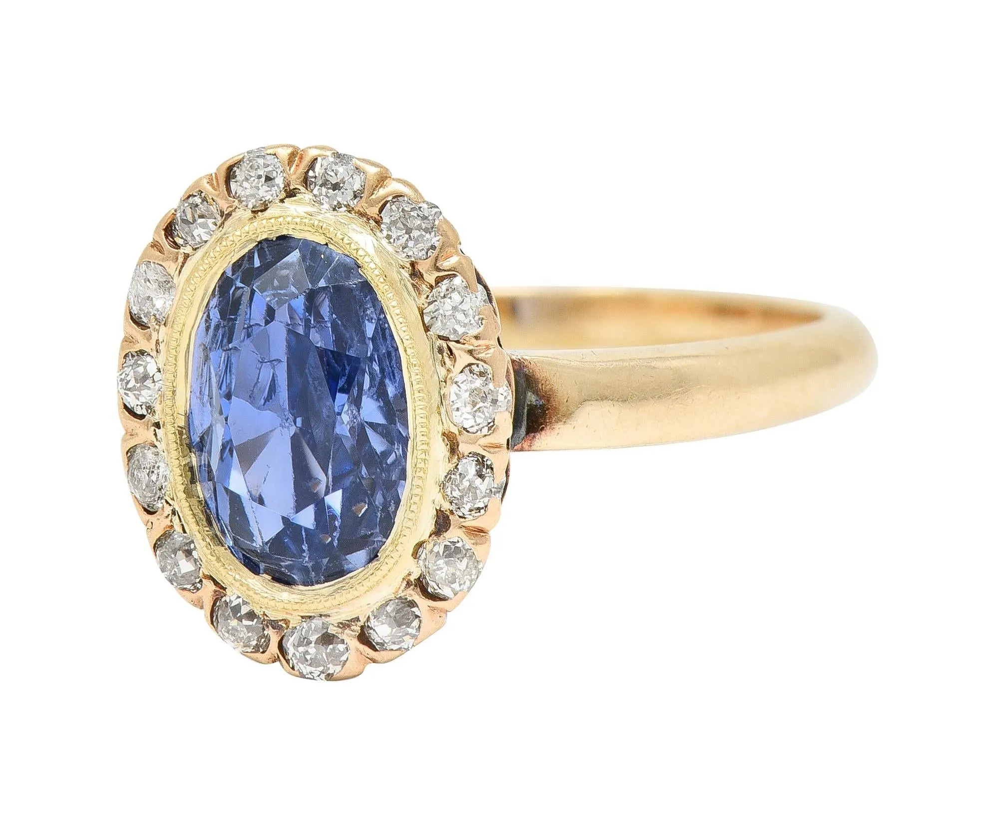 Victorian 2.95 CTW No Heat Ceylon Sapphire Diamond 14 Karat Gold Antique Halo Ring GIA