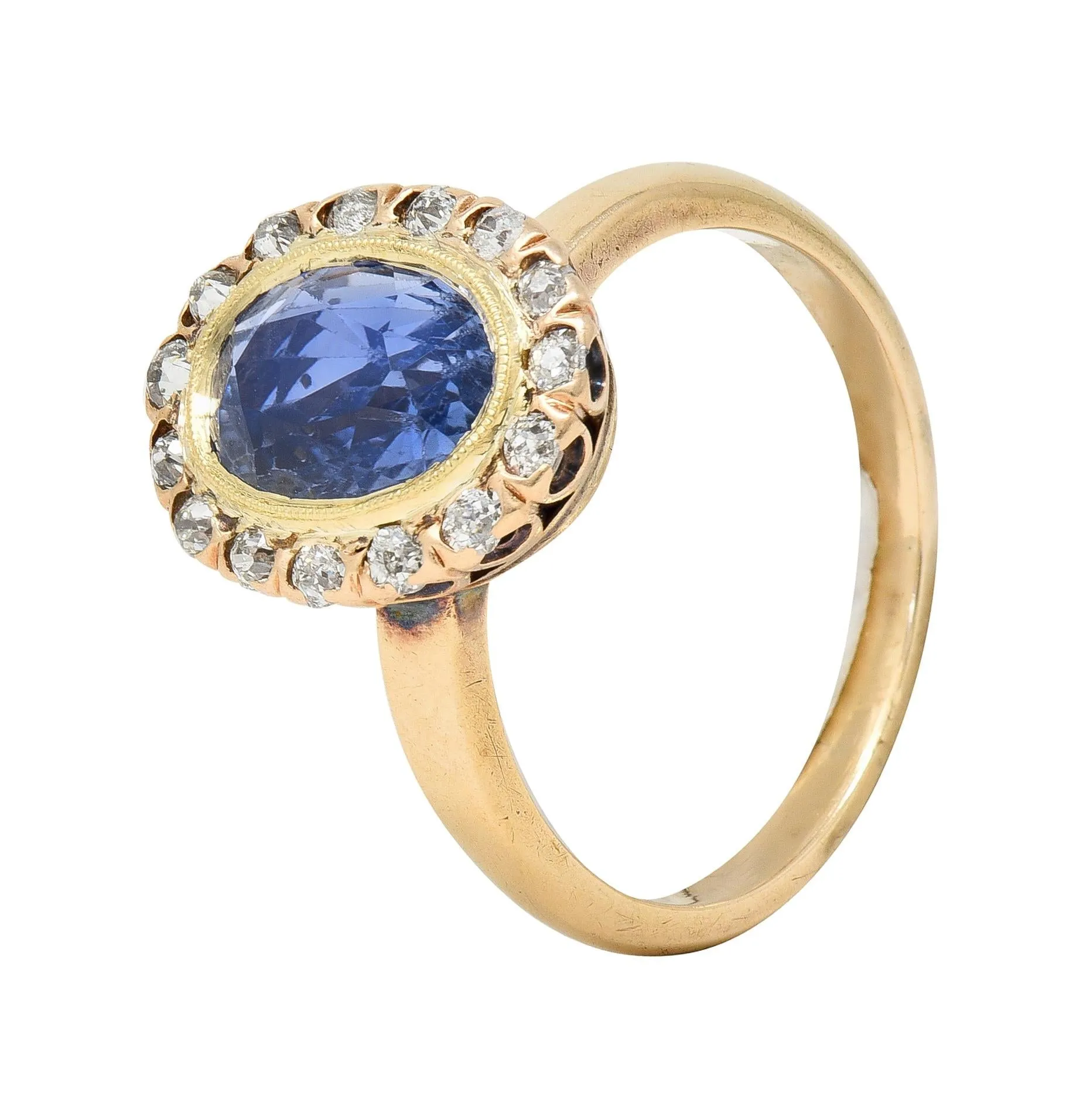 Victorian 2.95 CTW No Heat Ceylon Sapphire Diamond 14 Karat Gold Antique Halo Ring GIA