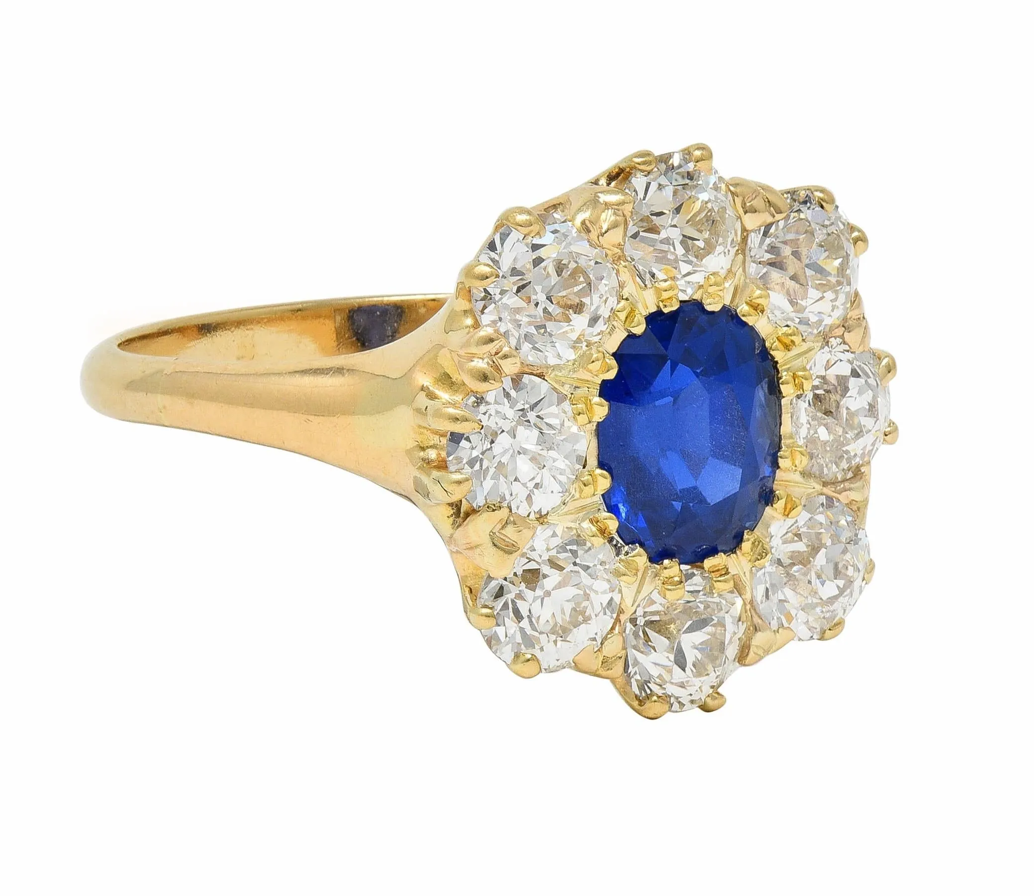 Victorian 3.20 CTW No Heat Burma Sapphire Diamond 14 Karat Yellow Gold Antique Halo Ring GIA