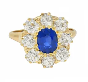 Victorian 3.20 CTW No Heat Burma Sapphire Diamond 14 Karat Yellow Gold Antique Halo Ring GIA