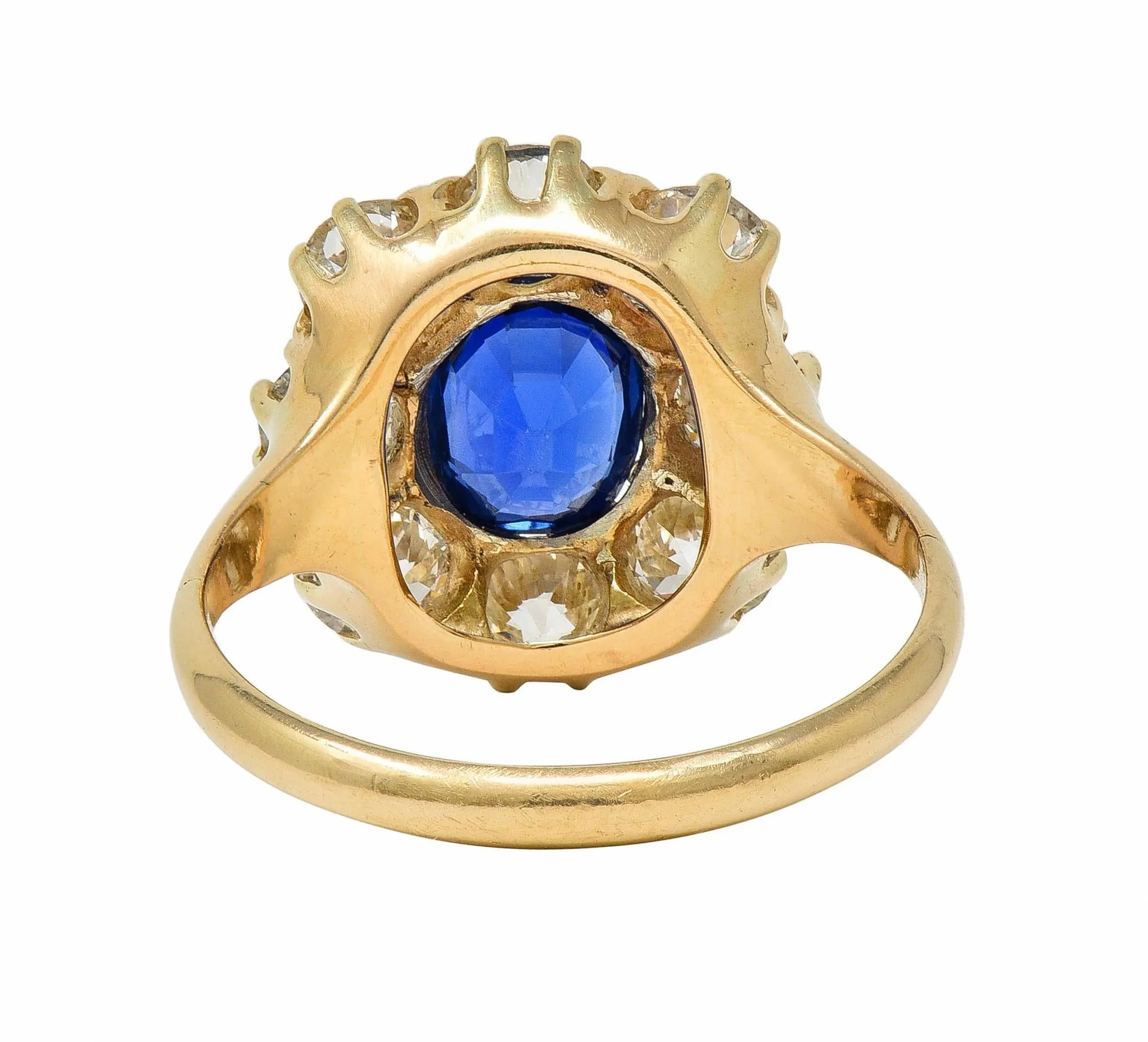 Victorian 3.20 CTW No Heat Burma Sapphire Diamond 14 Karat Yellow Gold Antique Halo Ring GIA