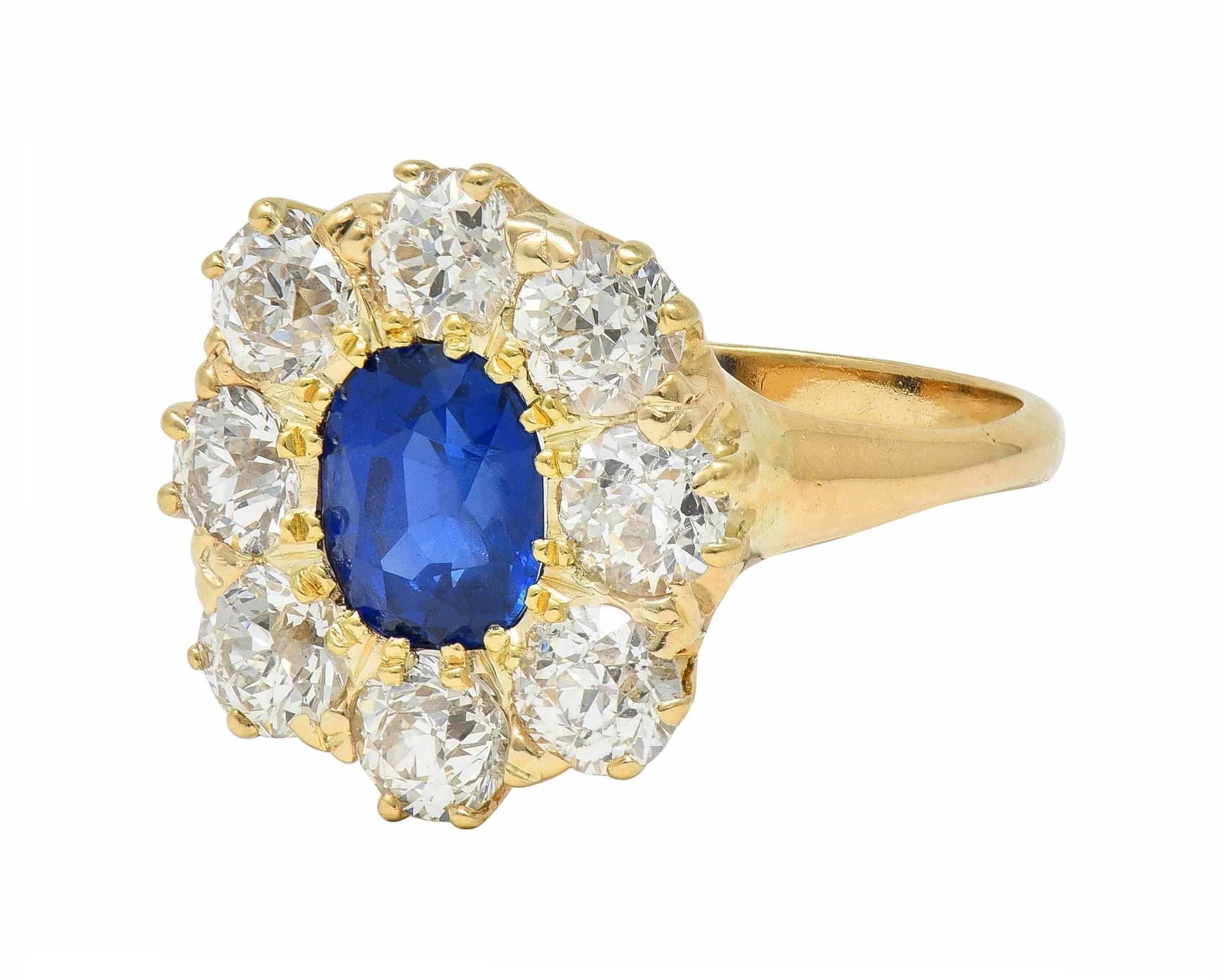 Victorian 3.20 CTW No Heat Burma Sapphire Diamond 14 Karat Yellow Gold Antique Halo Ring GIA