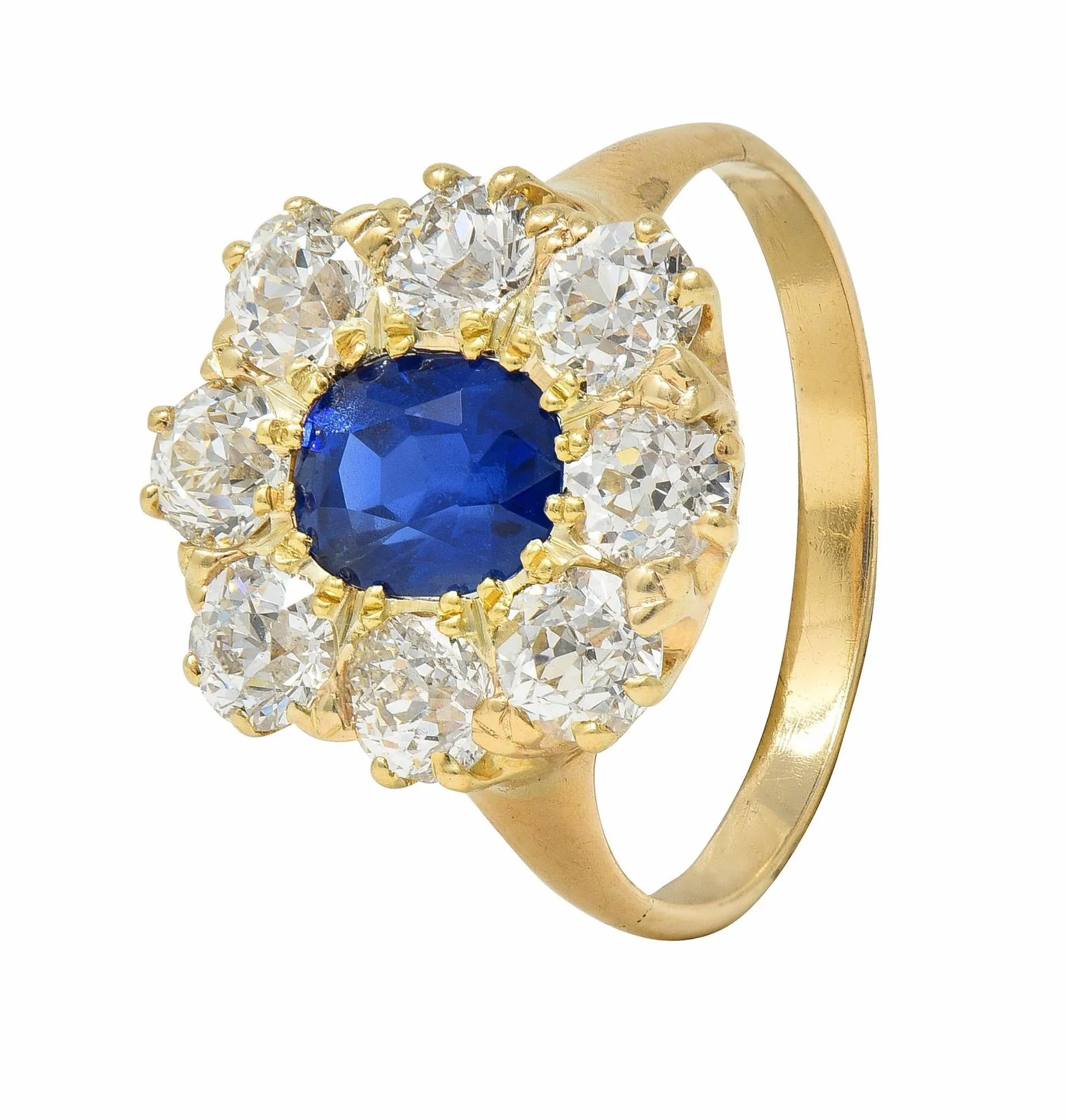 Victorian 3.20 CTW No Heat Burma Sapphire Diamond 14 Karat Yellow Gold Antique Halo Ring GIA