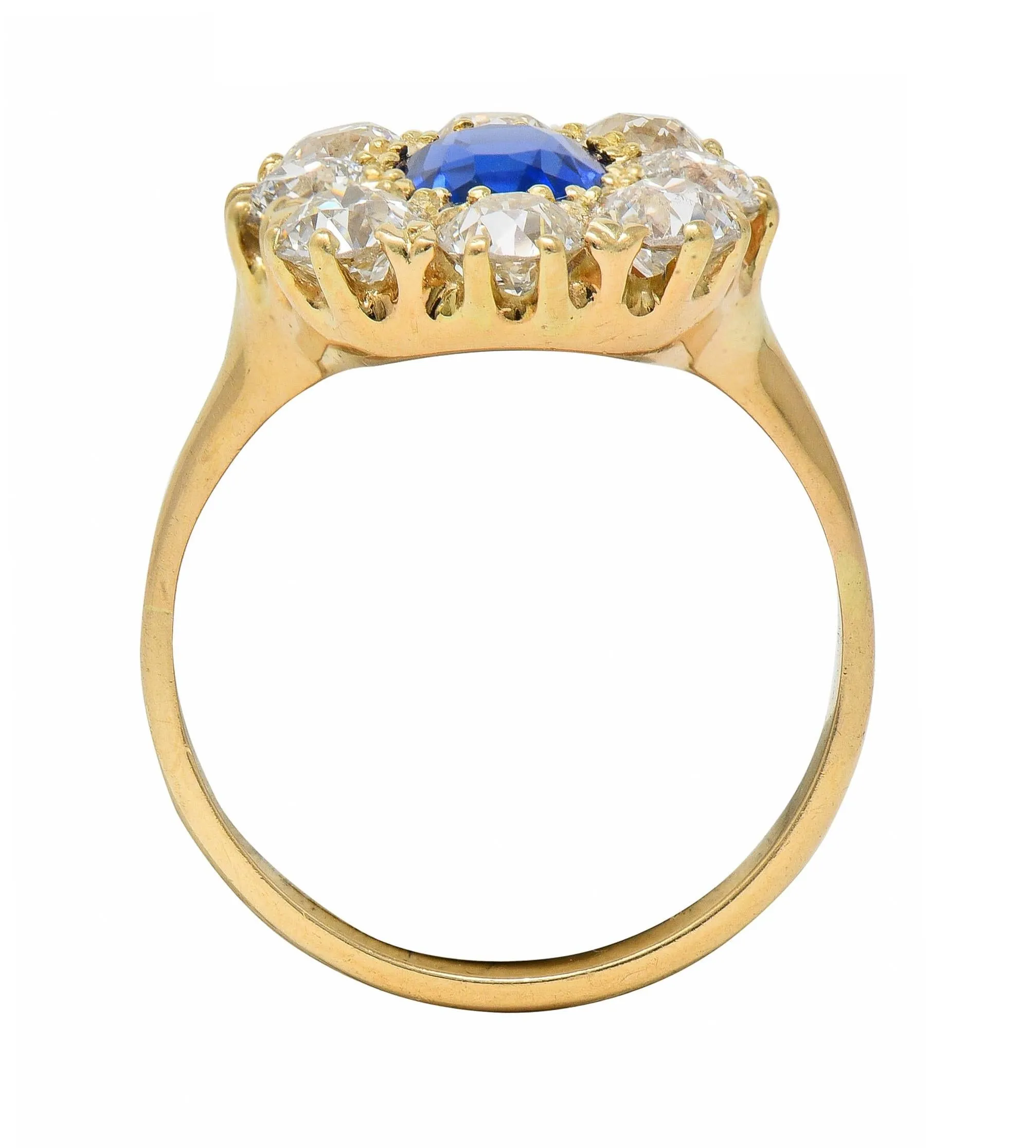 Victorian 3.20 CTW No Heat Burma Sapphire Diamond 14 Karat Yellow Gold Antique Halo Ring GIA