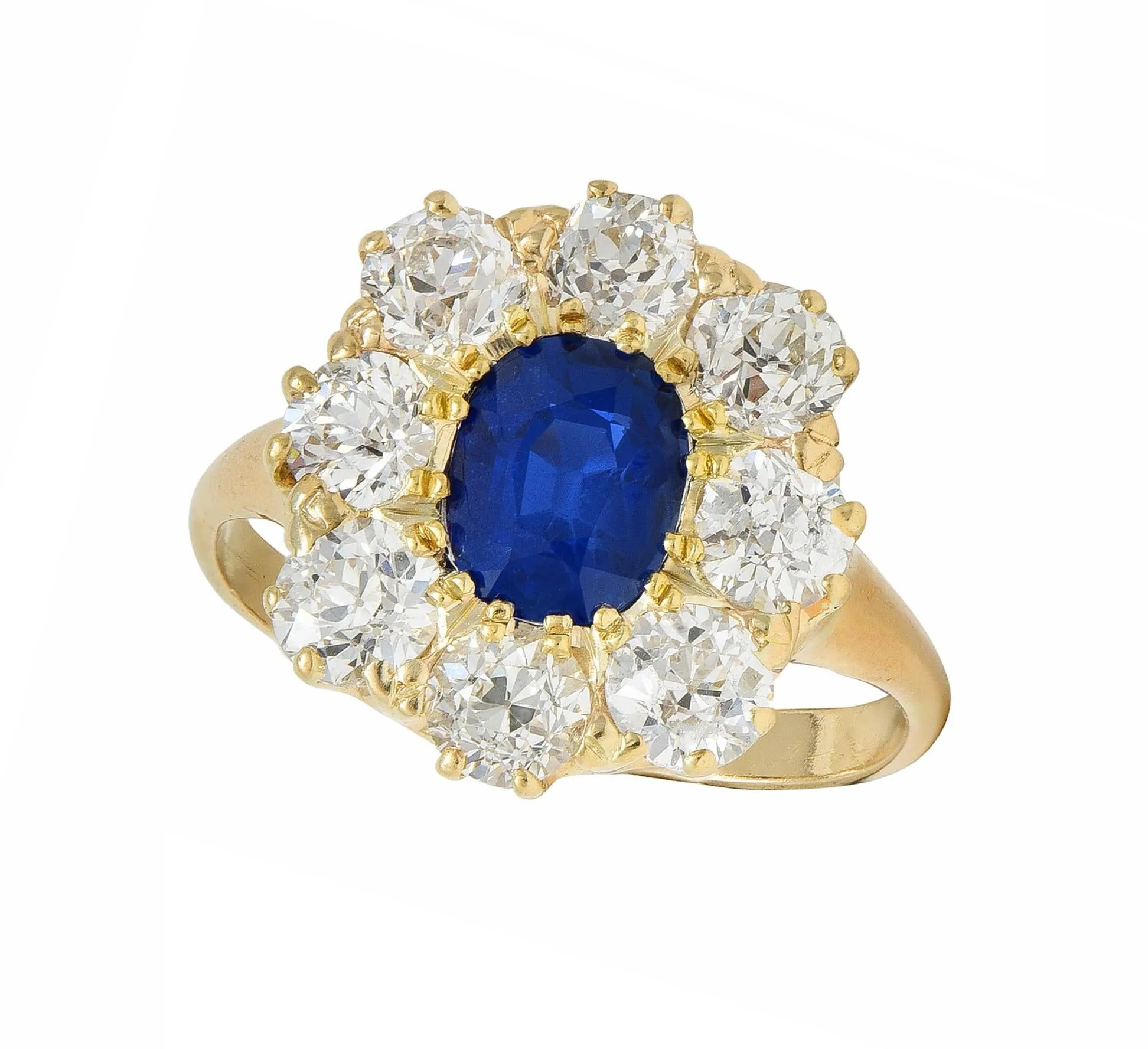 Victorian 3.20 CTW No Heat Burma Sapphire Diamond 14 Karat Yellow Gold Antique Halo Ring GIA