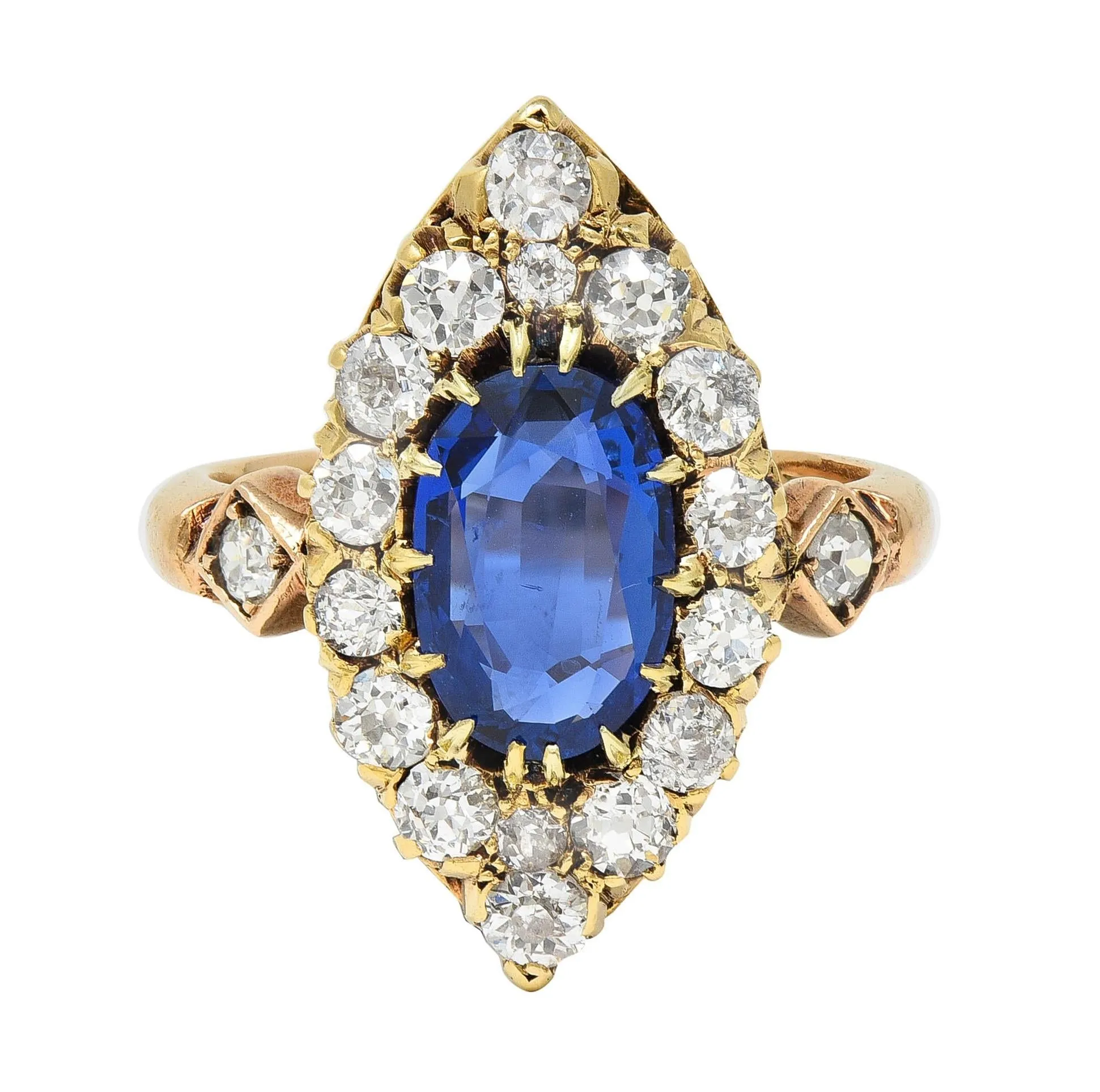 Victorian 4.93 CTW No Heat Burma Sapphire Diamond 14 Karat Gold Antique Navette Cluster Ring AGL