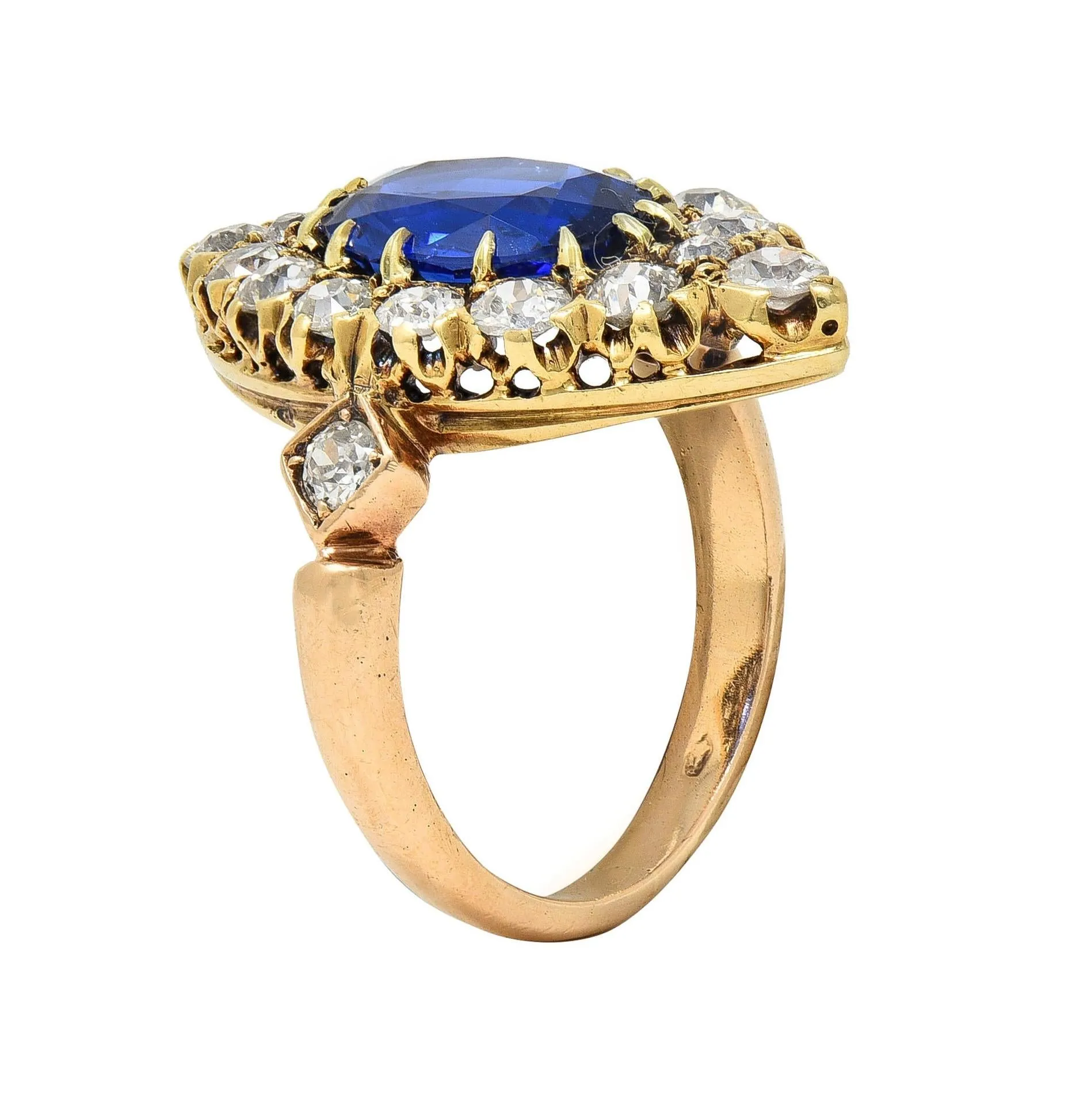 Victorian 4.93 CTW No Heat Burma Sapphire Diamond 14 Karat Gold Antique Navette Cluster Ring AGL