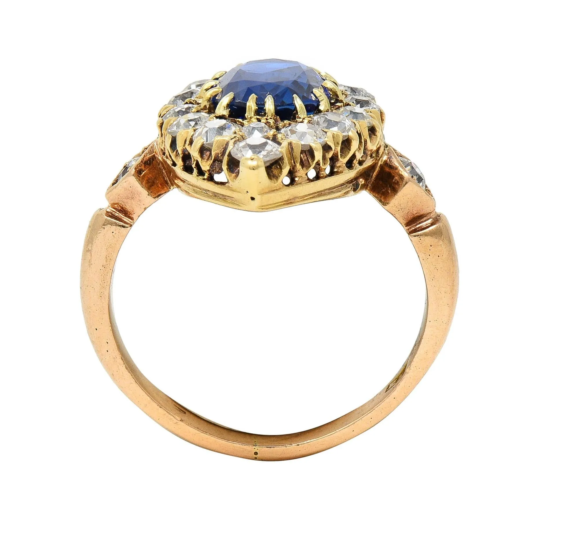 Victorian 4.93 CTW No Heat Burma Sapphire Diamond 14 Karat Gold Antique Navette Cluster Ring AGL