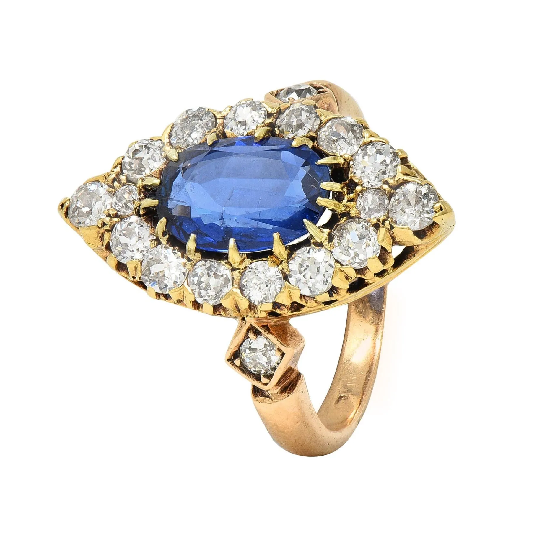 Victorian 4.93 CTW No Heat Burma Sapphire Diamond 14 Karat Gold Antique Navette Cluster Ring AGL