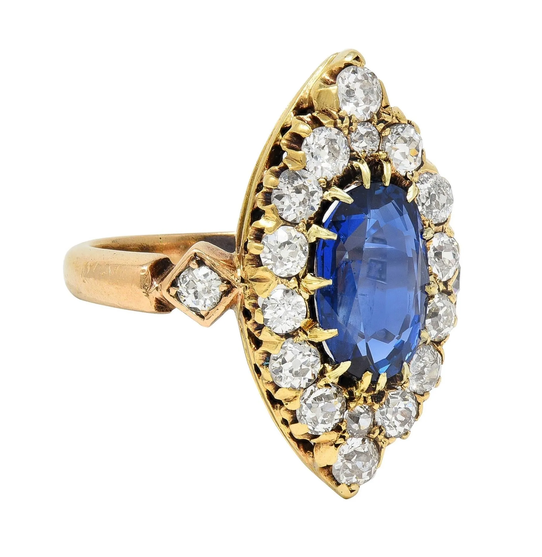 Victorian 4.93 CTW No Heat Burma Sapphire Diamond 14 Karat Gold Antique Navette Cluster Ring AGL