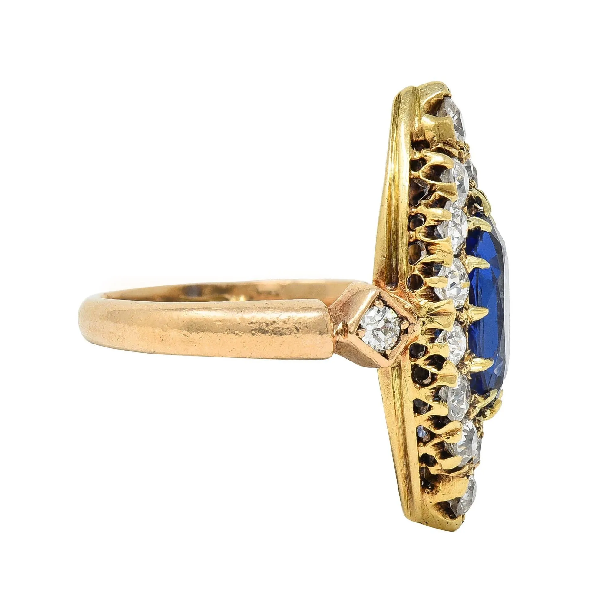 Victorian 4.93 CTW No Heat Burma Sapphire Diamond 14 Karat Gold Antique Navette Cluster Ring AGL