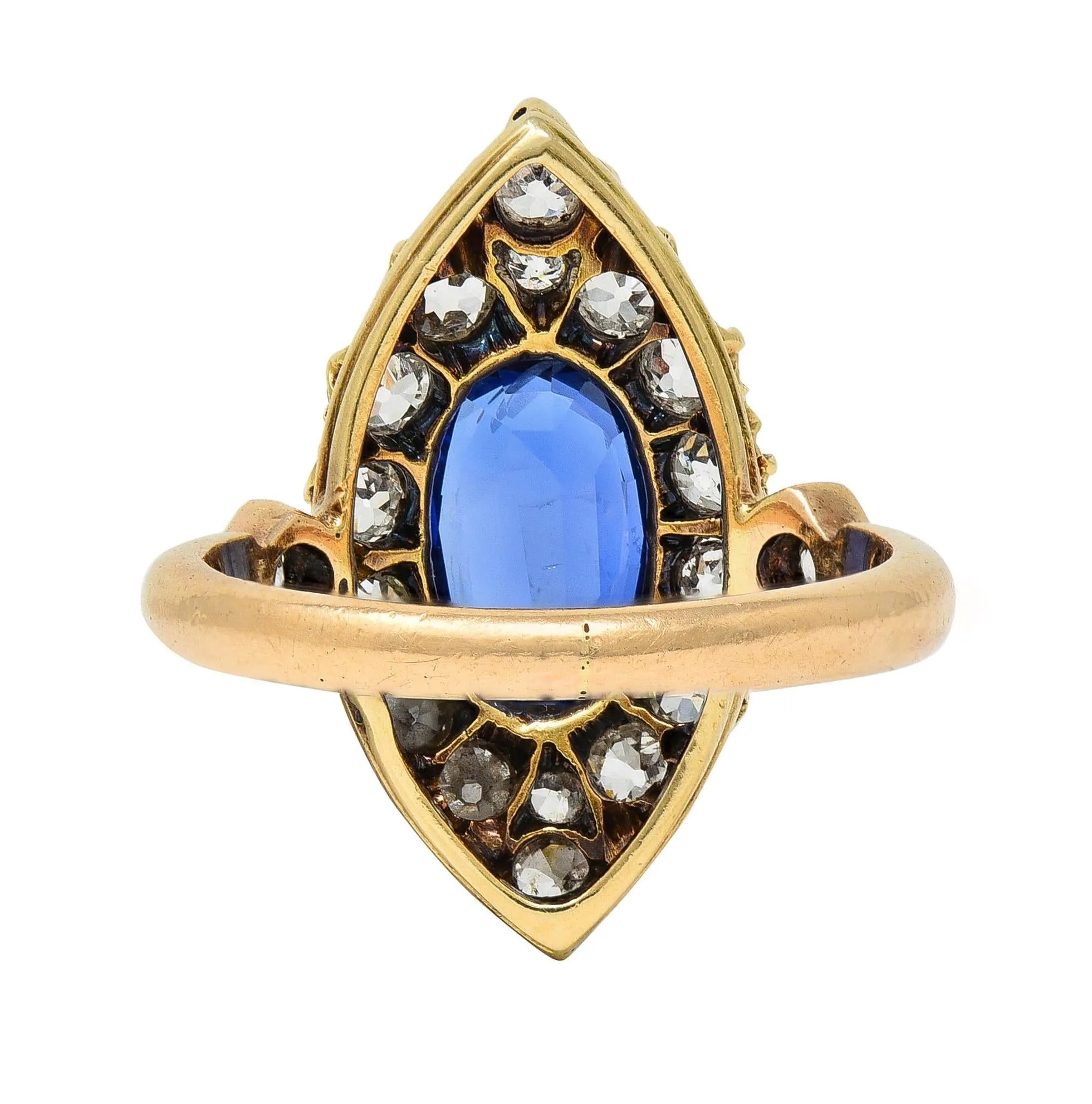 Victorian 4.93 CTW No Heat Burma Sapphire Diamond 14 Karat Gold Antique Navette Cluster Ring AGL