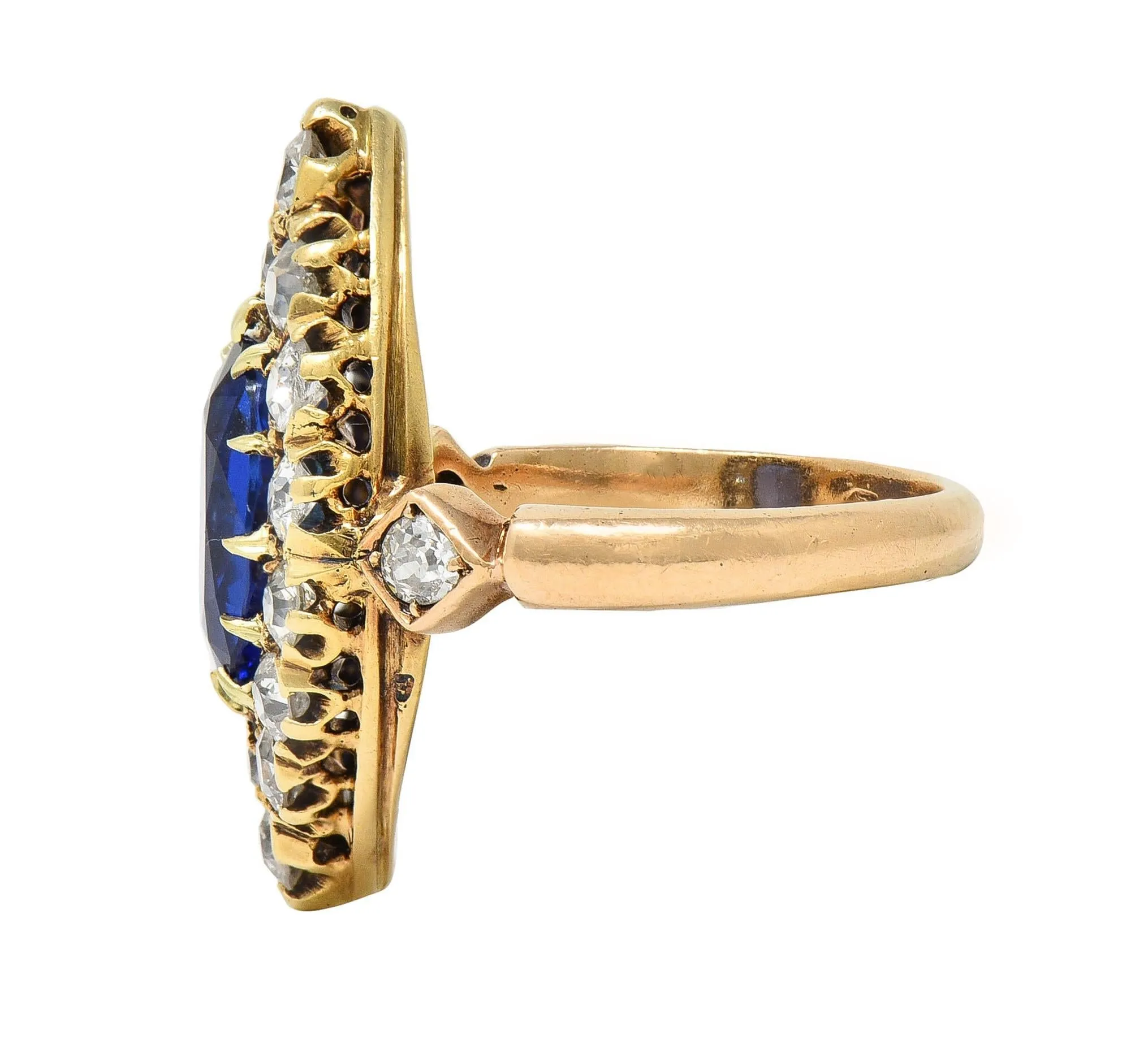 Victorian 4.93 CTW No Heat Burma Sapphire Diamond 14 Karat Gold Antique Navette Cluster Ring AGL