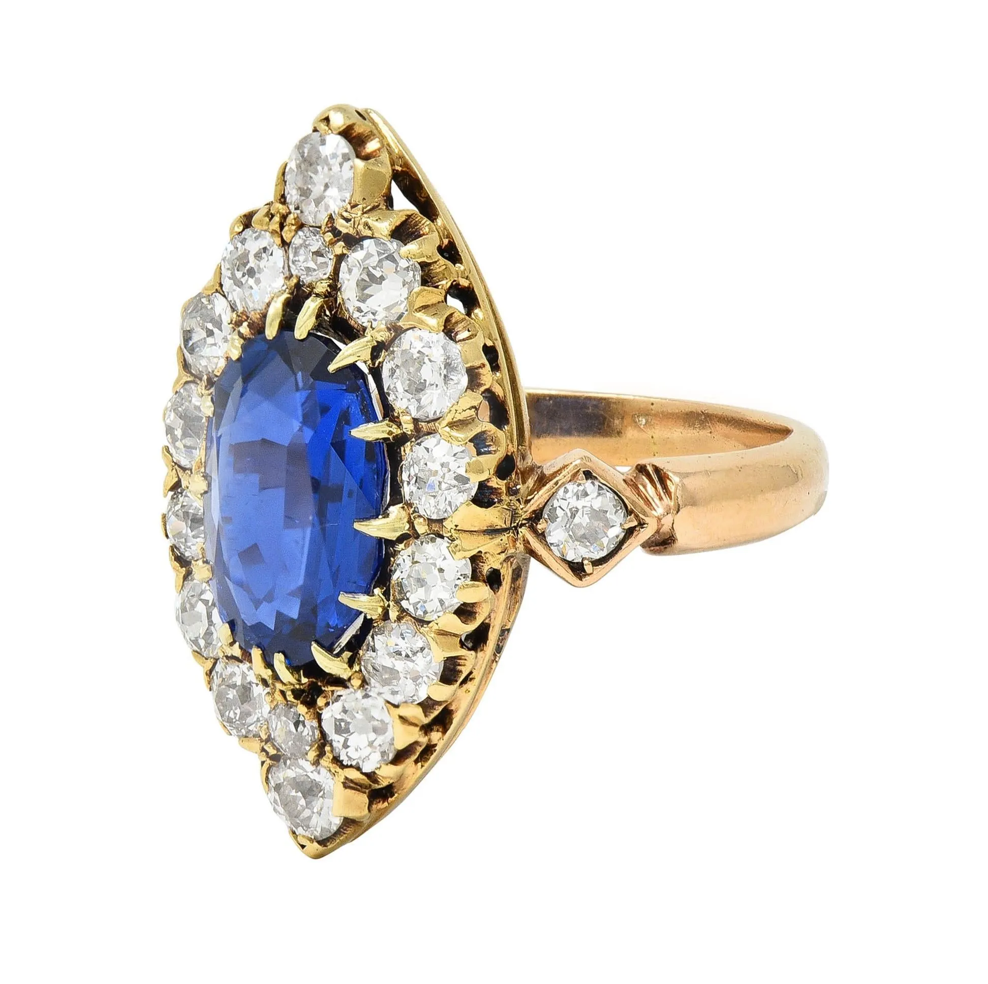 Victorian 4.93 CTW No Heat Burma Sapphire Diamond 14 Karat Gold Antique Navette Cluster Ring AGL