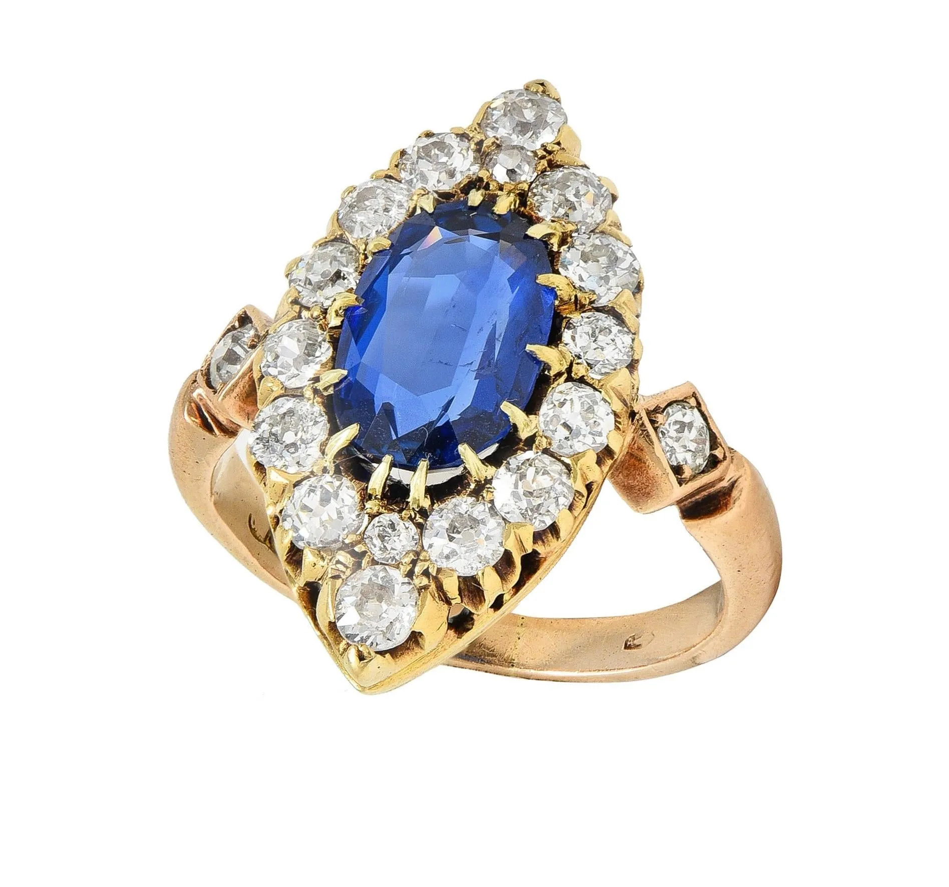 Victorian 4.93 CTW No Heat Burma Sapphire Diamond 14 Karat Gold Antique Navette Cluster Ring AGL