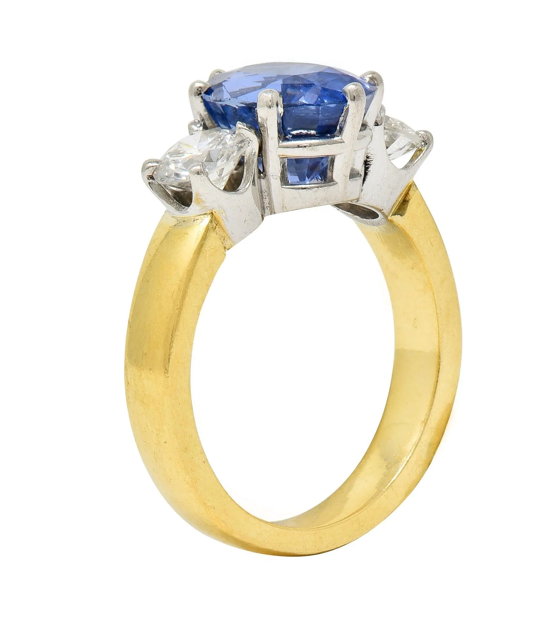 Vintage 3.86 CTW No Heat Ceylon Sapphire Diamond Platinum 18 Karat Gold Three Stone Ring GIA