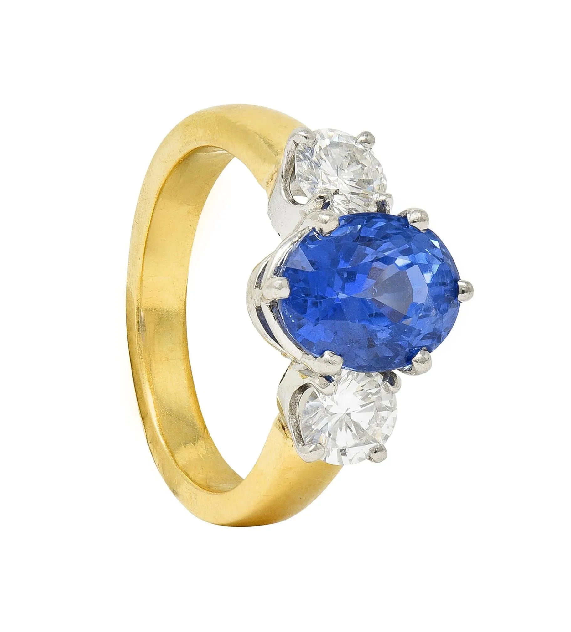 Vintage 3.86 CTW No Heat Ceylon Sapphire Diamond Platinum 18 Karat Gold Three Stone Ring GIA