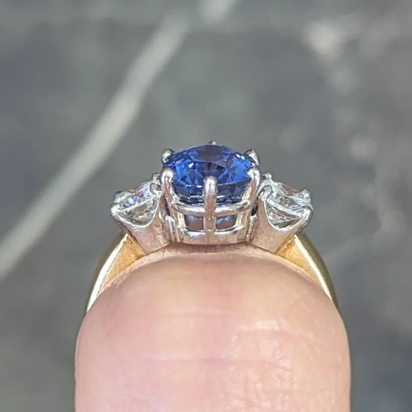 Vintage 3.86 CTW No Heat Ceylon Sapphire Diamond Platinum 18 Karat Gold Three Stone Ring GIA