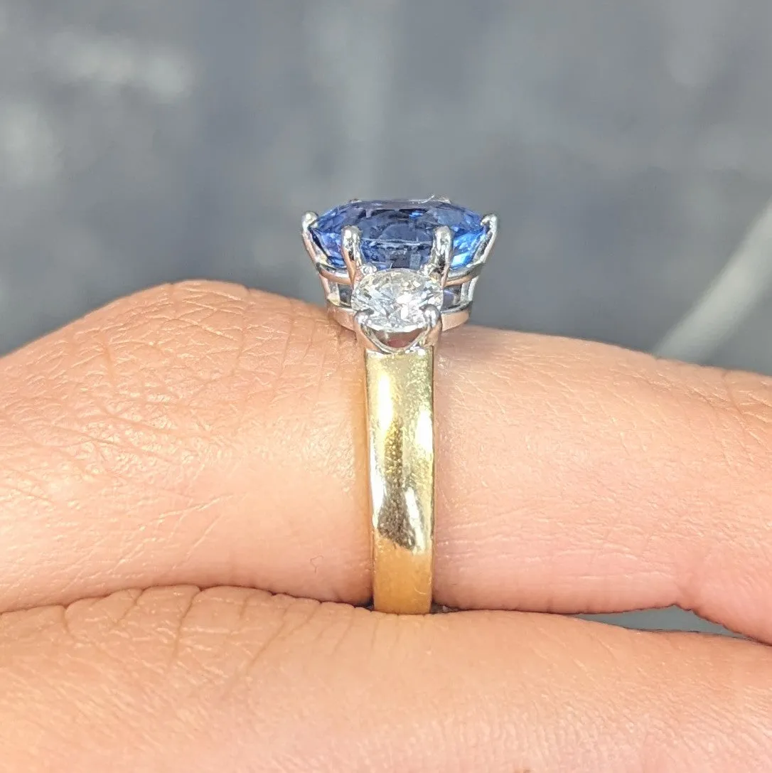 Vintage 3.86 CTW No Heat Ceylon Sapphire Diamond Platinum 18 Karat Gold Three Stone Ring GIA