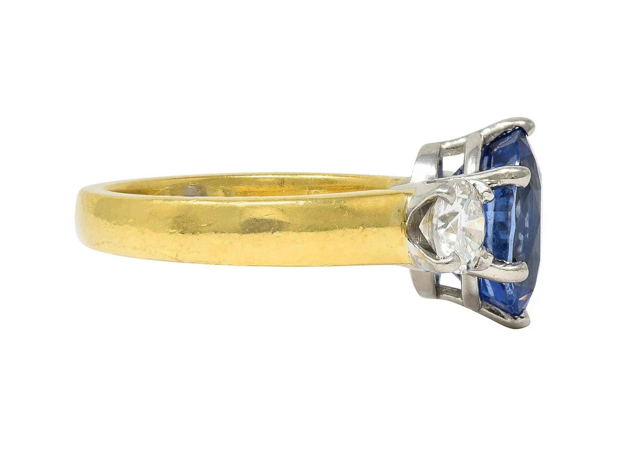 Vintage 3.86 CTW No Heat Ceylon Sapphire Diamond Platinum 18 Karat Gold Three Stone Ring GIA