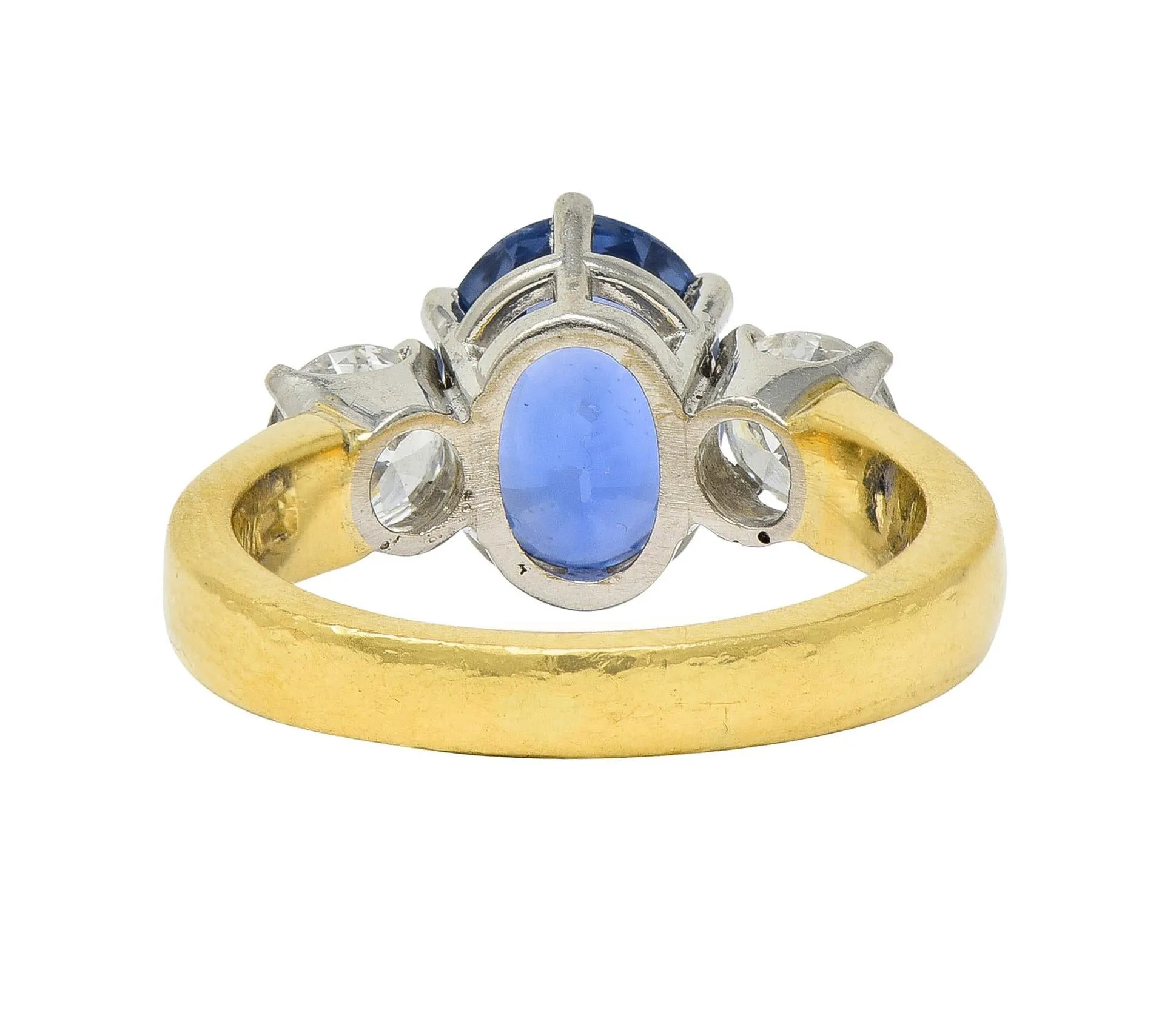 Vintage 3.86 CTW No Heat Ceylon Sapphire Diamond Platinum 18 Karat Gold Three Stone Ring GIA